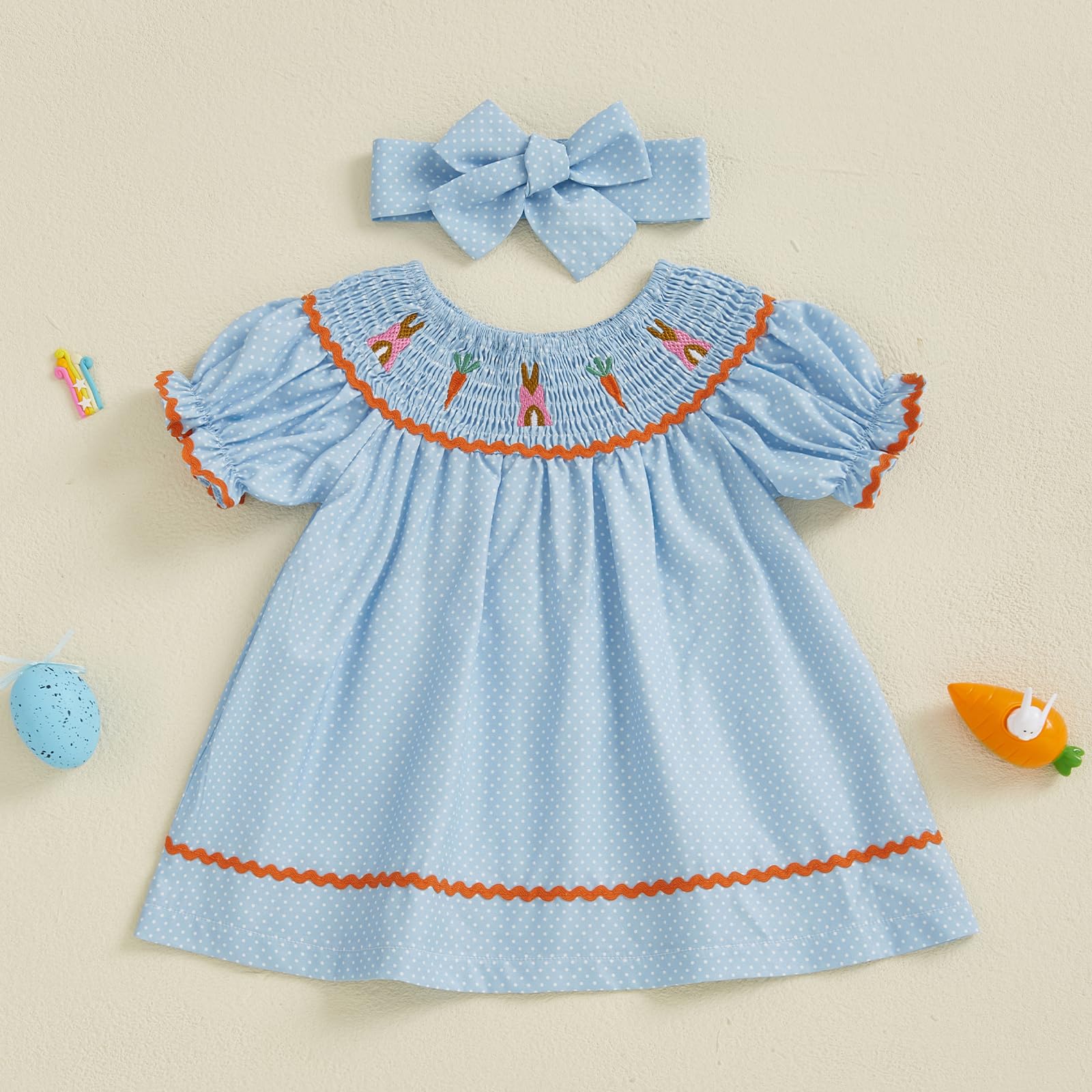 Rtnnsbbfcm Toddler Baby Girl Easter Outfit Puff Short Sleeve Bunny Carrot Embroidery Smocked A-line Dress with Headband (Blue, 18-24 Months)