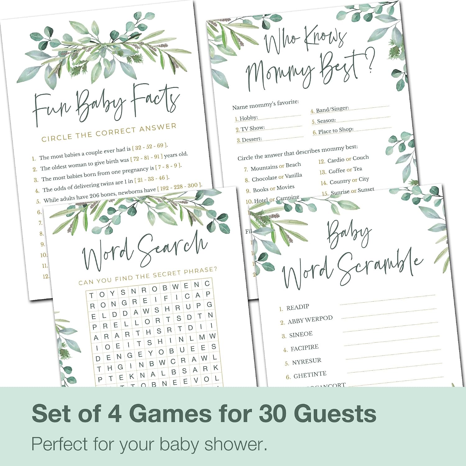 Baby Shower Games for Boy or Girl - Set of 4 Games for 30 Guests - Double Sided Cards - Floral Greenery Eucalyptus Flowers