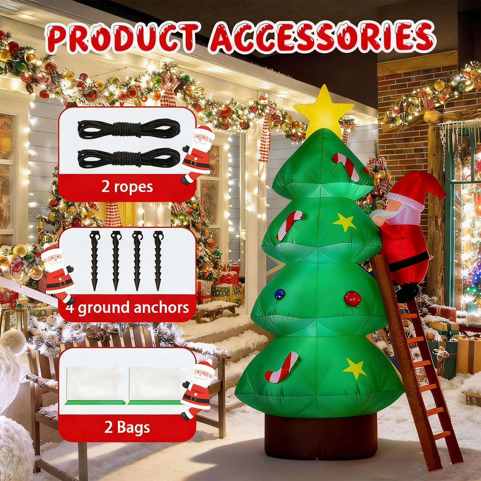 Sapin de Noël Gonflable, 210CM Decoration Noel Exterieur Gonflable avec Lumières LED, Sapin Gonflable Decoration avec Père Noël et échelle pour Jardin, Pelouse, Terrasse, Fête