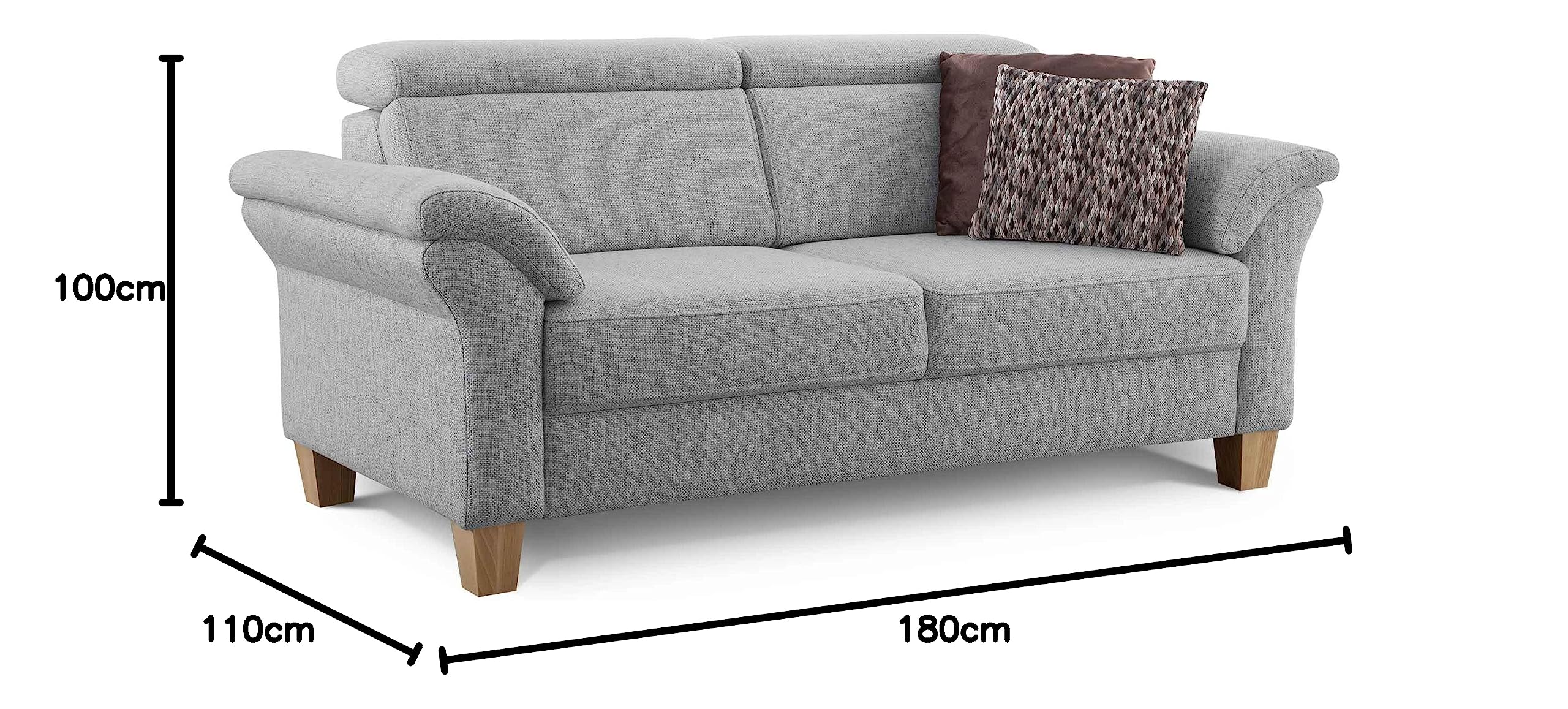 Cavadore 3-Sitzer Sofa Ammerland / Couch mit Federkern im Landhausstil / Inkl. verstellbaren Kopfstützen / 186 x 84 x 93 / Strukturstoff hellgrau