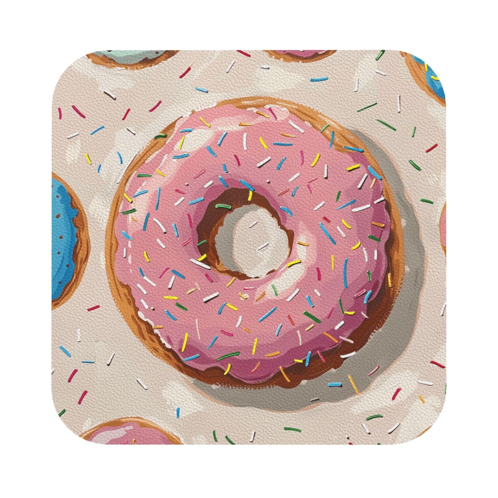 Donuts Print Leather Coaster Set of 6, Square Coasters Table Decorative Coffee Cup Beverage Coasters Wine Beer Bar Coasters for Hot Drinks Table Protection