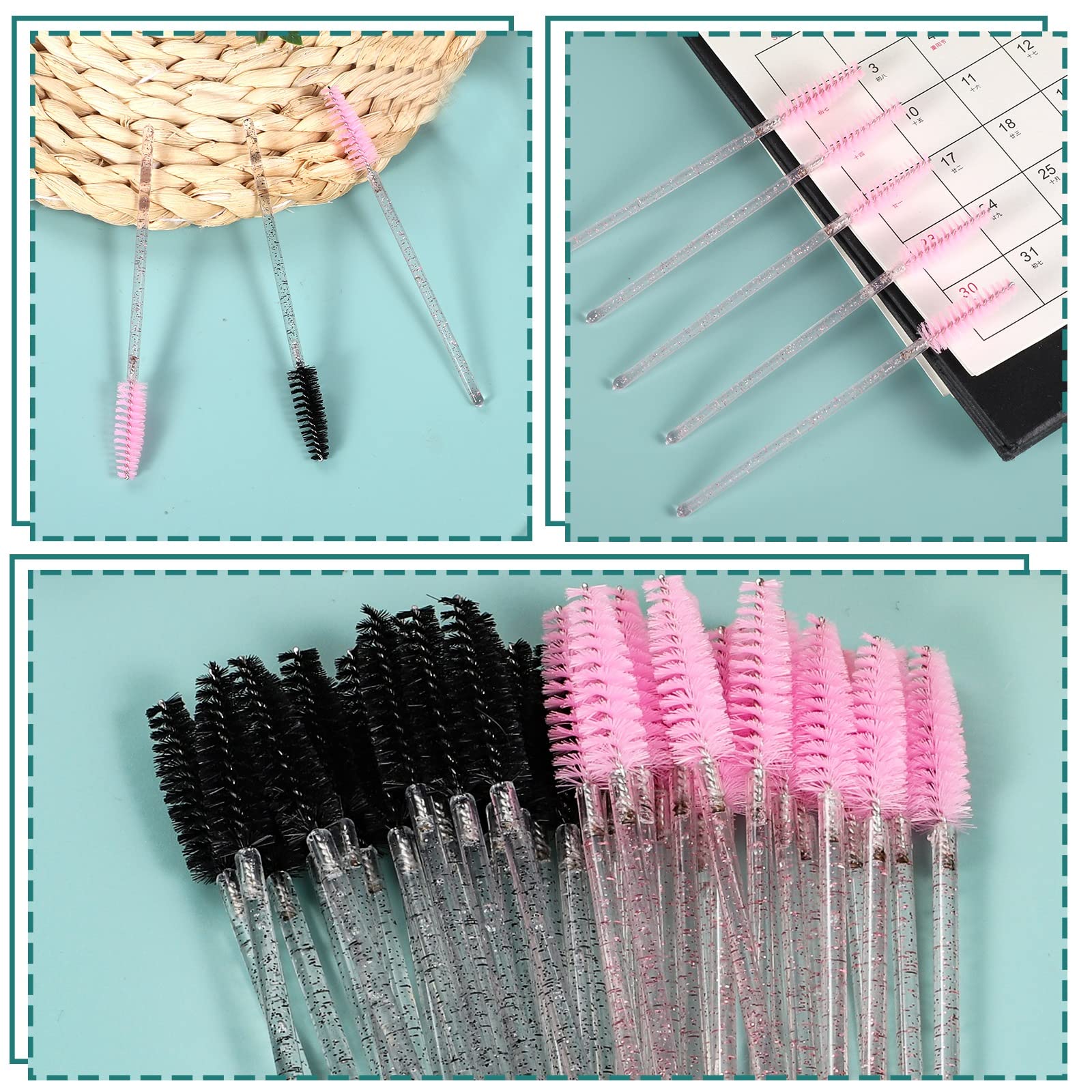 Lot de 100 Brosses à Cils Jetables, Goupillon Cils Pinceau Cils avec Poignée en Cristal, Applicateur Cils Brosse pour Maquillage Extension Cils Sourcils (Rose, Noir)