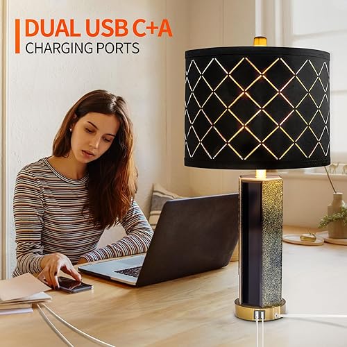 Miniatura 5 de Juego de 2 lámparas de mesa con control táctil, moderna lámpara de noche de espejo negro con 2 puertos USB, 3 vías regulables de mármol real dorado