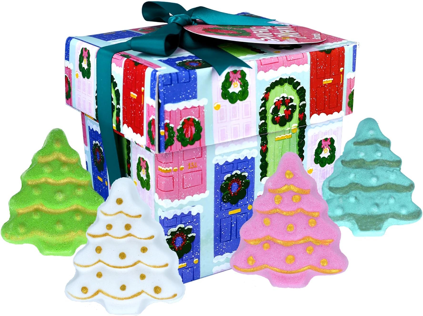 Cube Gift Pack – 4 Handmade Bath Blasters | Mixed Fragrance Bath Bombs with Essential Oils | Colourful Ribbon Box | Vegan, Cruelty-Free & Handmade (Snow Place)