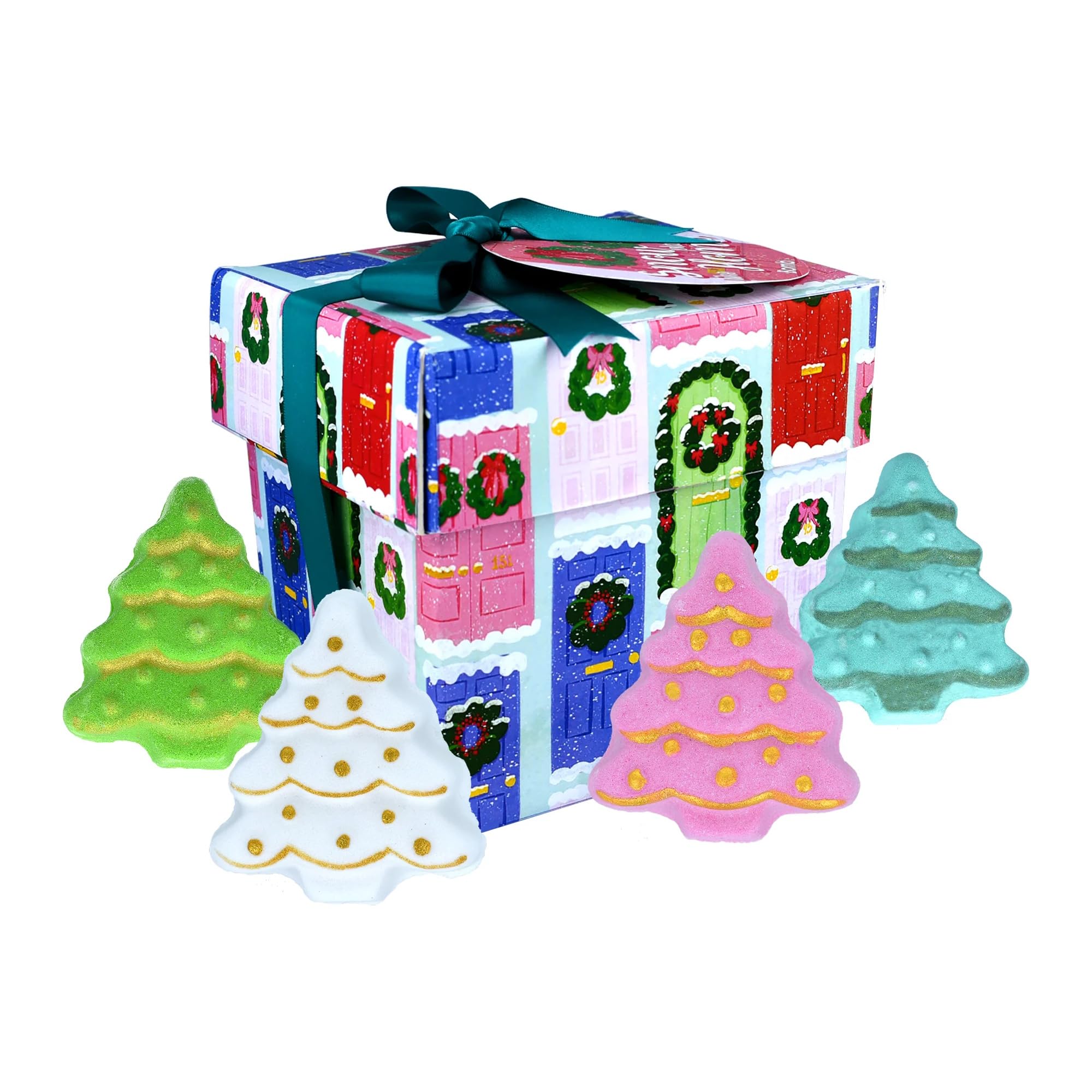 Cube Gift Pack – 4 Handmade Bath Blasters | Mixed Fragrance Bath Bombs with Essential Oils | Colourful Ribbon Box | Vegan, Cruelty-Free & Handmade (Snow Place)