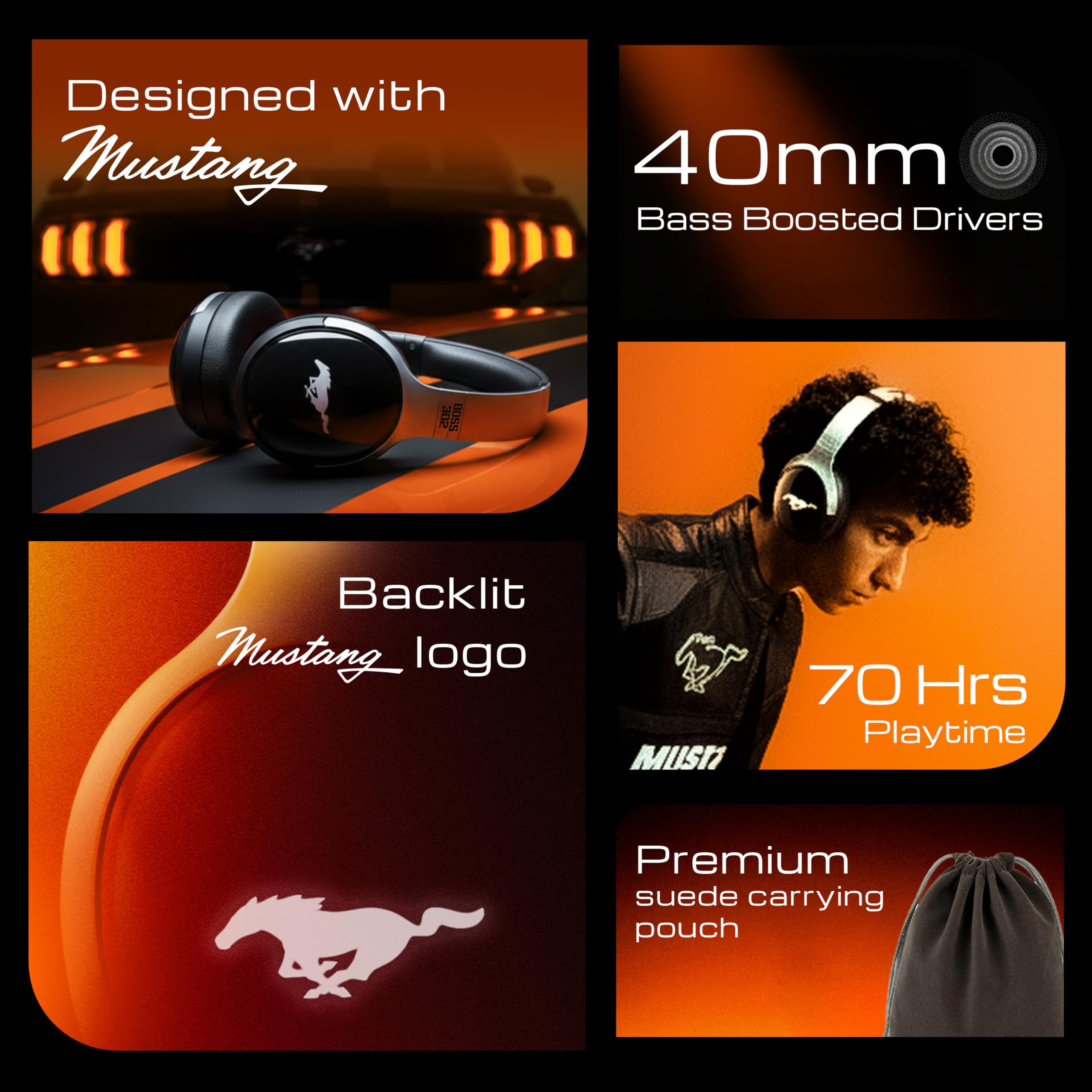 GOBOULT Mustang Thunder Bluetooth Headphones with Upto 70H Playtime, BoomX Technology, Brightness LEDs, 40mm Driver, Zen ENC Mic, BTv 5.4, Type-C Fast Charging, Over Ear Wireless Headphone with Mic — Amazon image 3