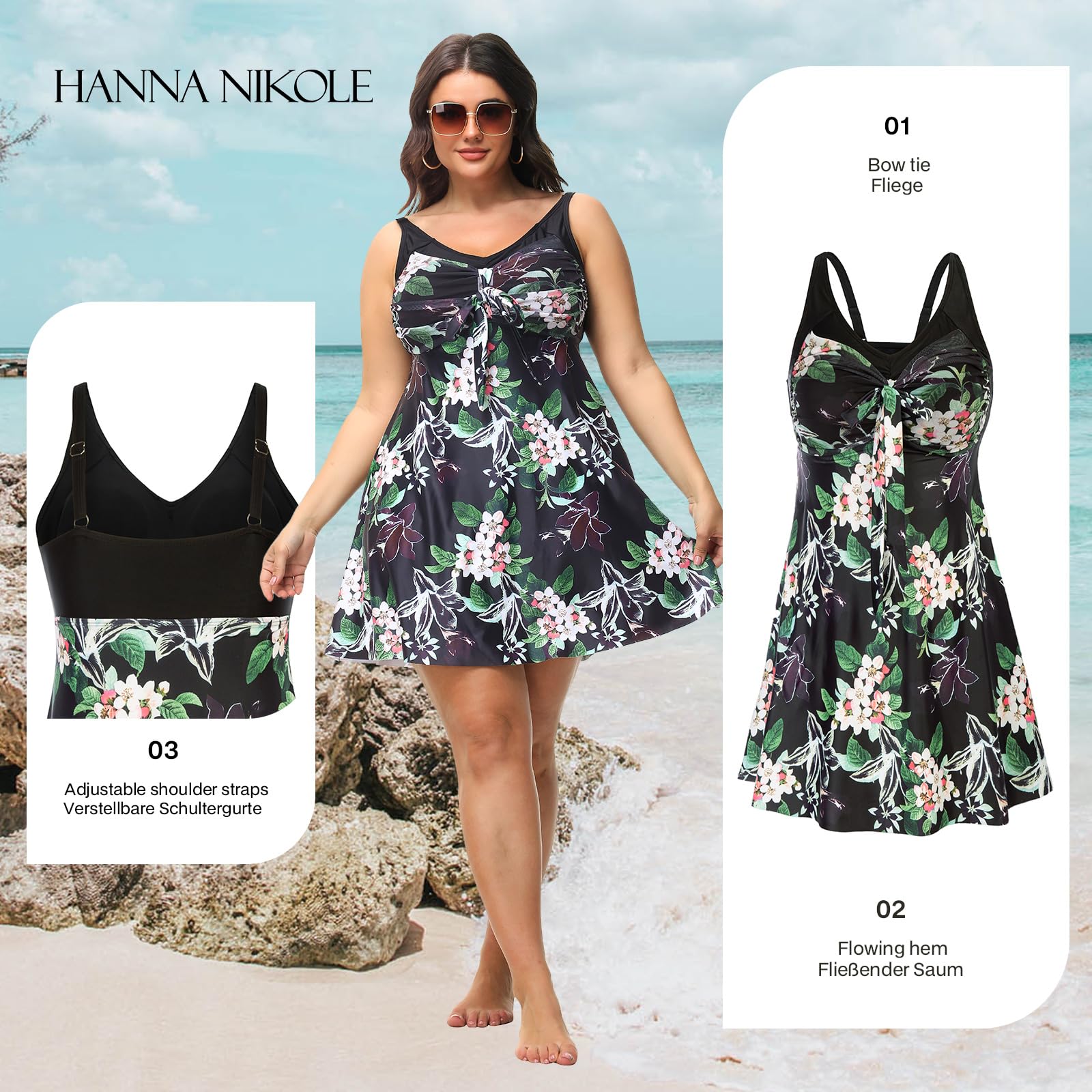 Hanna Nikole Tankini damski zestaw dużych rozmiarów, nadruk kwiatowy, sukienka kąpielowa, wyszczuplający brzuch, dwuczęściowy kostium kąpielowy z szortami chłopięcymi