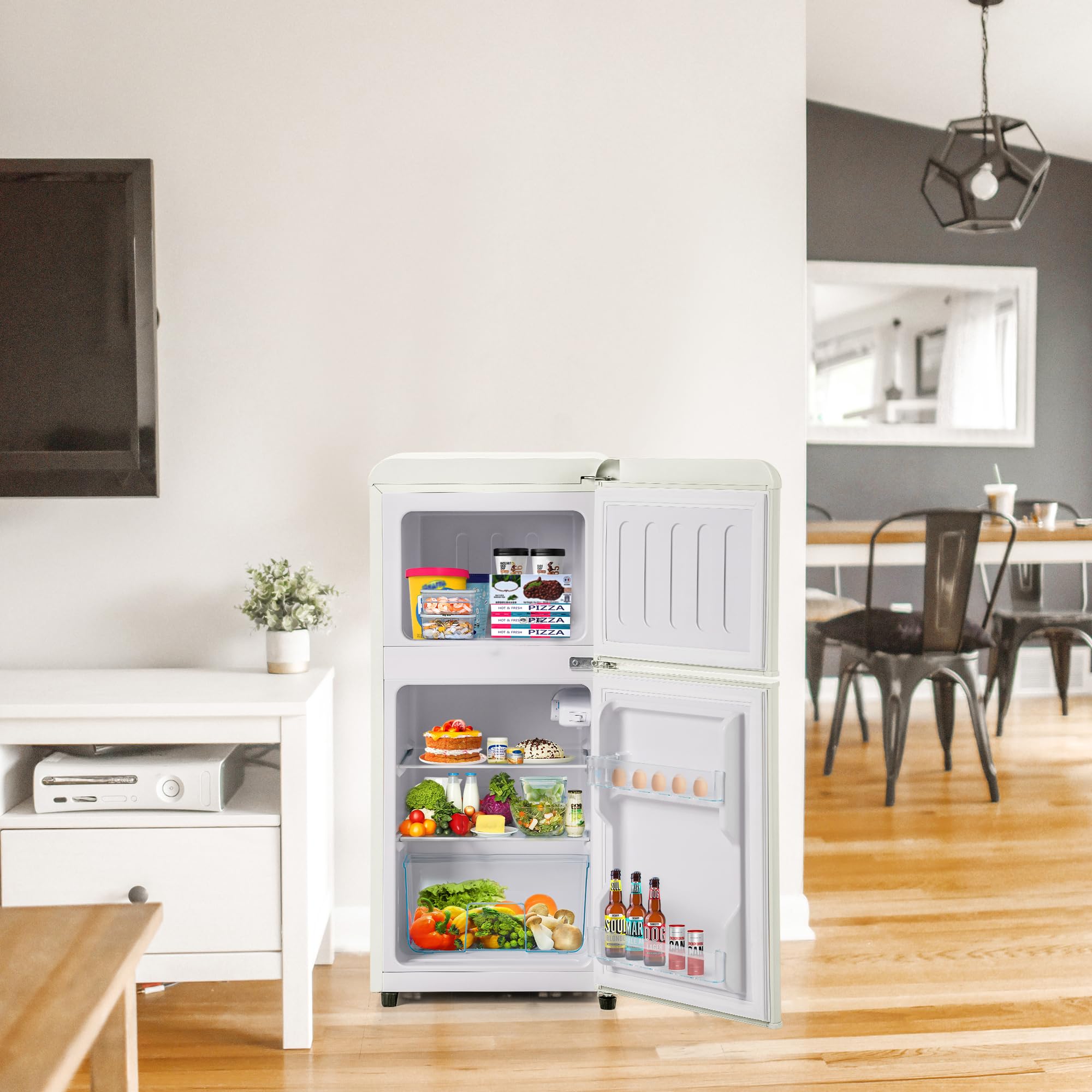 Kompaktowa lodówka retro z zamrażarką, całkowita pojemność 60 l (zamrażarka 22 l / komora chłodząca 38 l), klasa energetyczna E, kremowo-biała, wysokość 88,8 cm, cicha 45 dB, 7