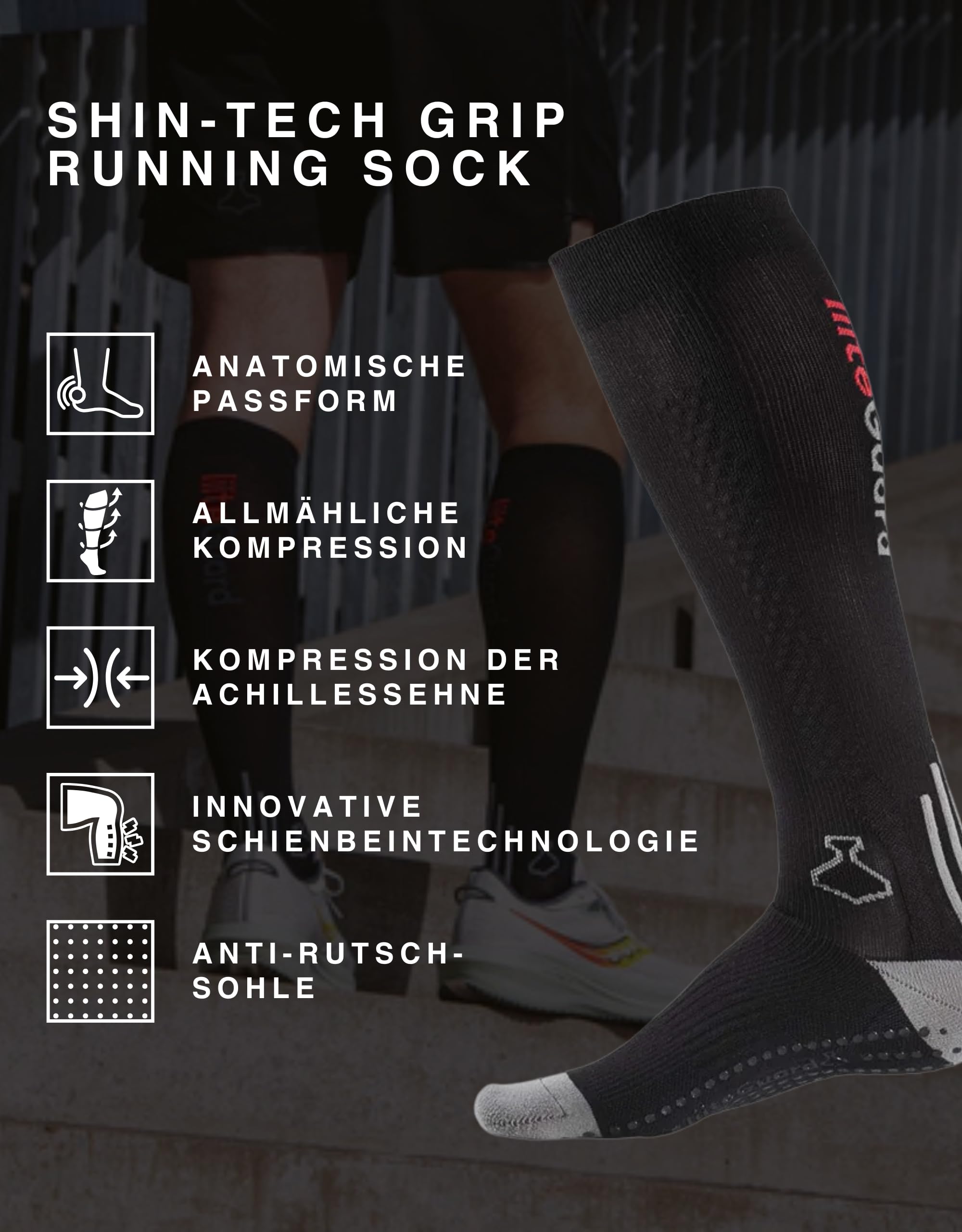 liiteGuard Shin-Tech Grip Running Kompressionssocken für Herren und Damen | Für Sport Laufen Fussball | Läufer Kompressionsstrümpfe Schonend für Achillessehne Schienbein Knöchel
