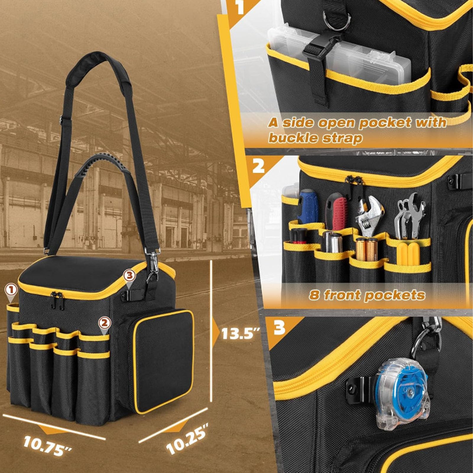 Sac à Outils de 20 L avec Base de Pieds en Caoutchouc Antidérapant, Séparateur Central Amovible, 8 Poches Avant et Fentes élastiques Latérales pour Perceuse, Embouts (12 pouces)