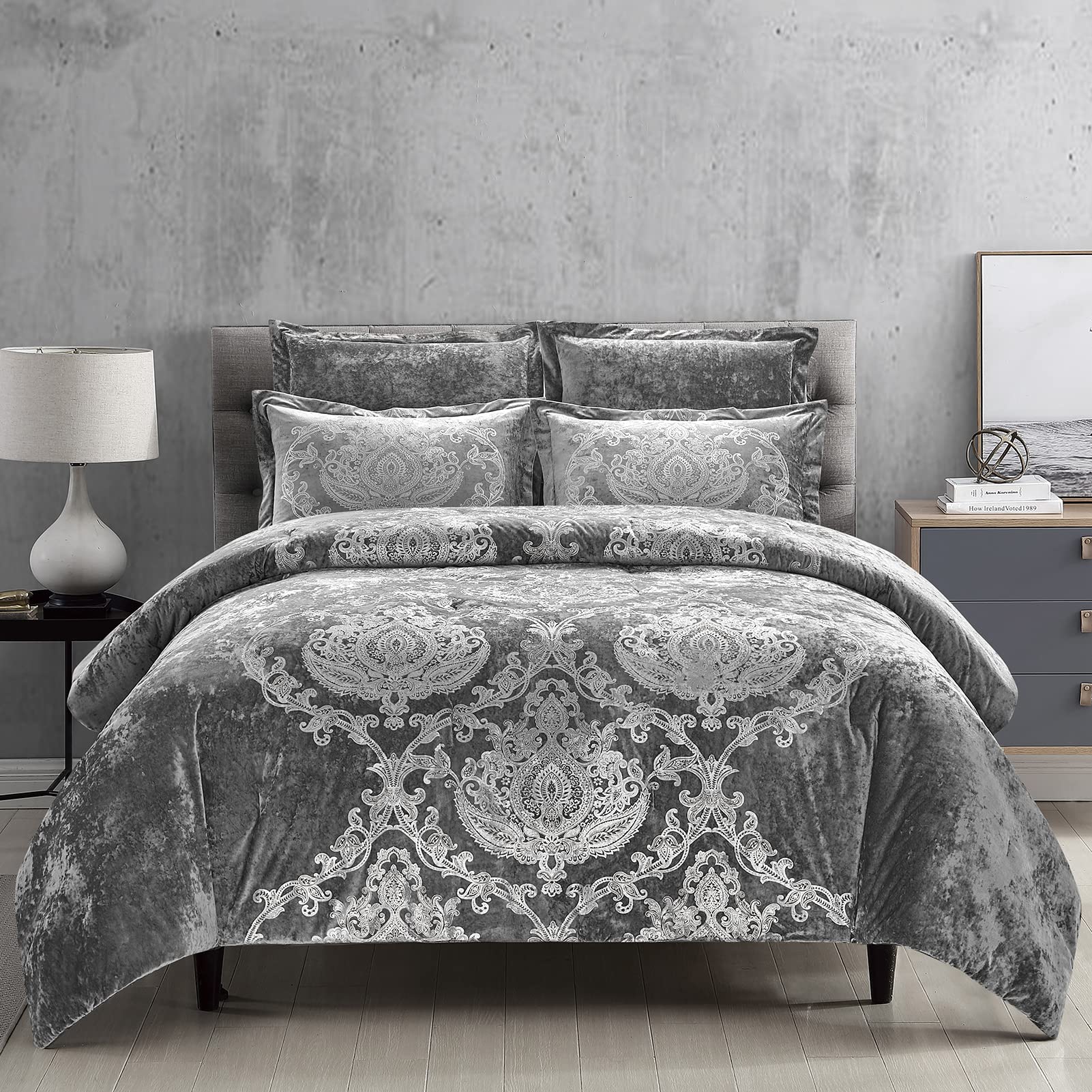 Sunshine Nicole Metallic Print Comforter Set, Distressed Velvet Face with Metallic Print and Brushed Solid Microfiber Reverse, with Light Weight Soft Poly Fill, 5 Pieces Grey Silver, Queen