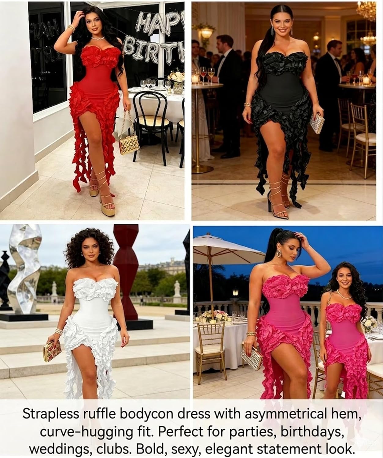 IyMoo Women Sexy Strapless Ruffle Bodycon Dress Solid Color Fringe Slim Party Cocktail Bandage Dresses