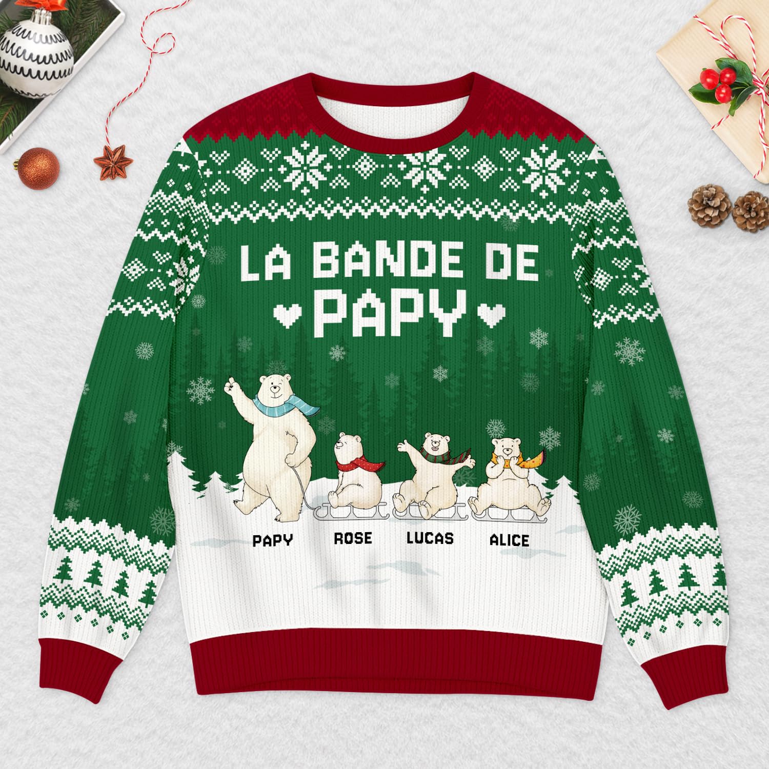Cadeau Plus Pull Moche Personnalisé Prénom - La Bande à Mamie, Papy Ours - Pull Noel Famille, Pulls Moche de Noel, Pull de Noel Homme, Sweat Personnalisable, Sweats Famille Assorti