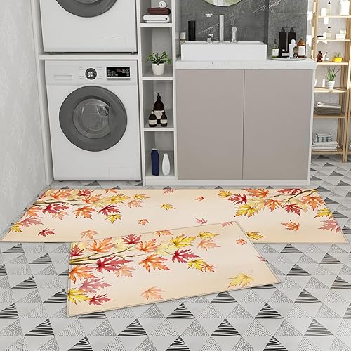 Miniatura 128 de Alfombras de cocina de Acción de Gracias, absorbentes, antideslizantes, para piso, diseño de hojas de otoño y calabaza, retro, alfombra y tapetes