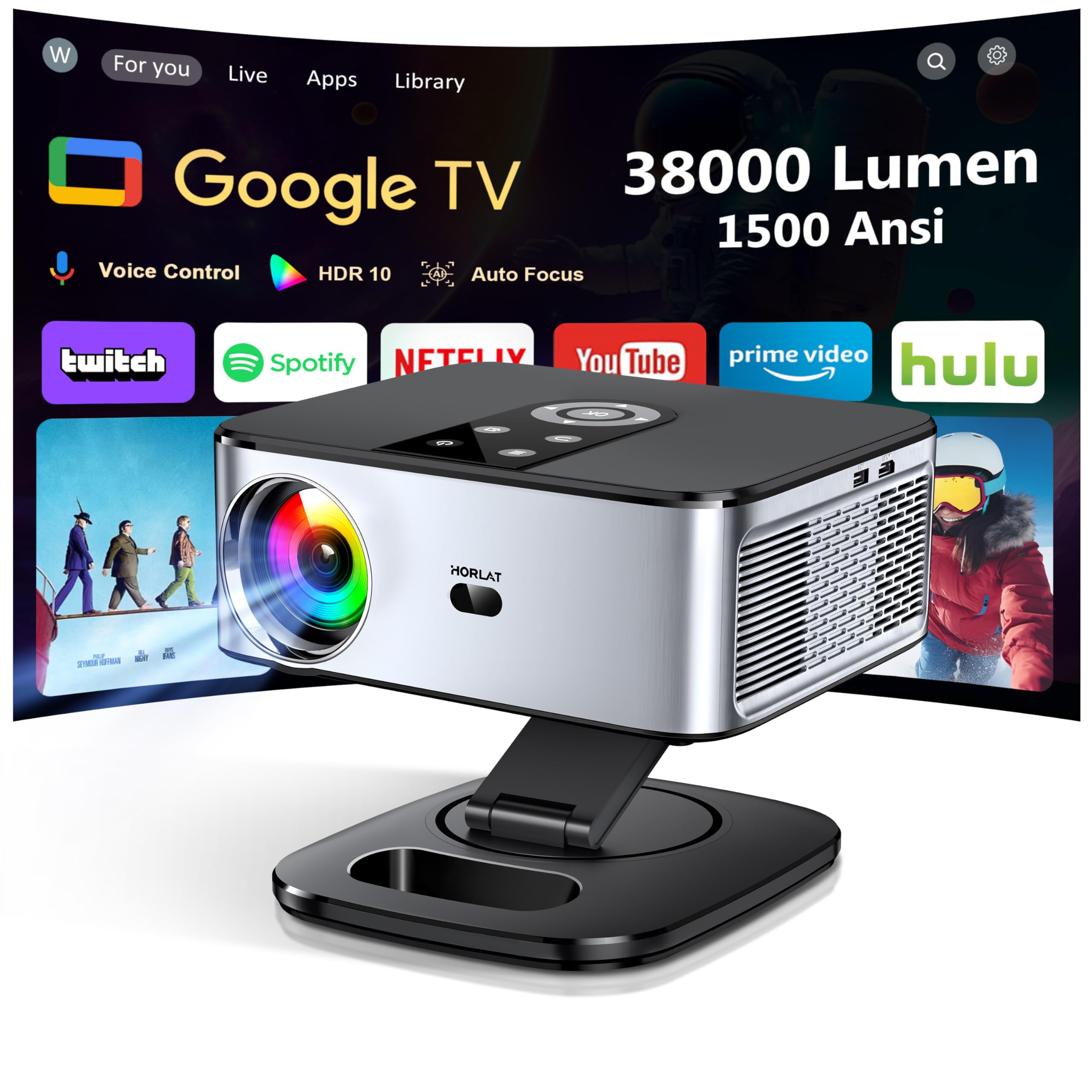 Videoprojecteur【1500 ANSI/Google TV/Netflix Officiel】 Projecteur 4K Supporté Auto Focus, Google Play Contrôle Vocal, Projector WiFi6 Bluetooth5.2, Retroprojecteur 38000 Lumen Home Cinéma