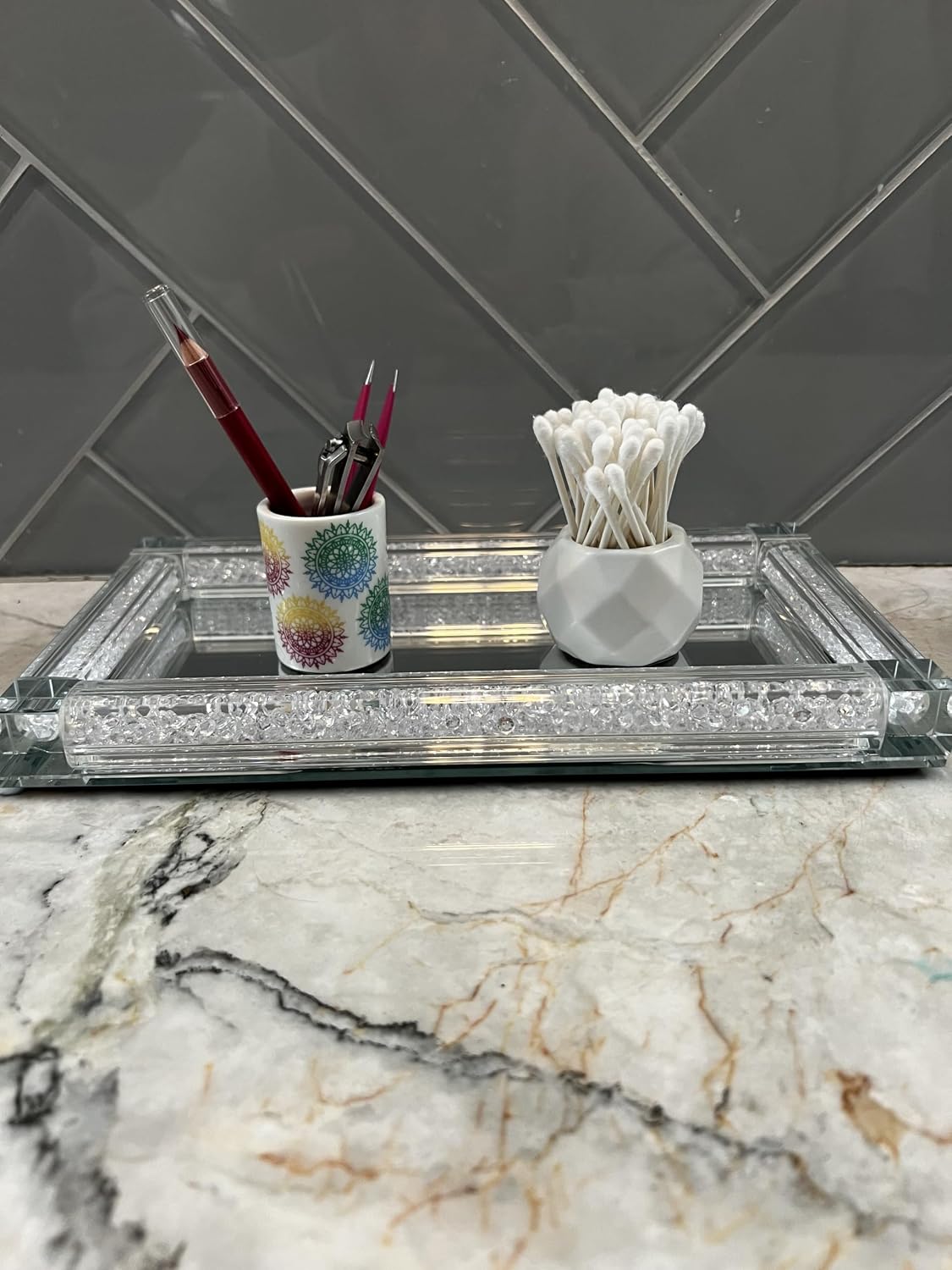 Decorative Q Tip Holder - Classic White Oval Design - Adorable 2" Qtip Jar