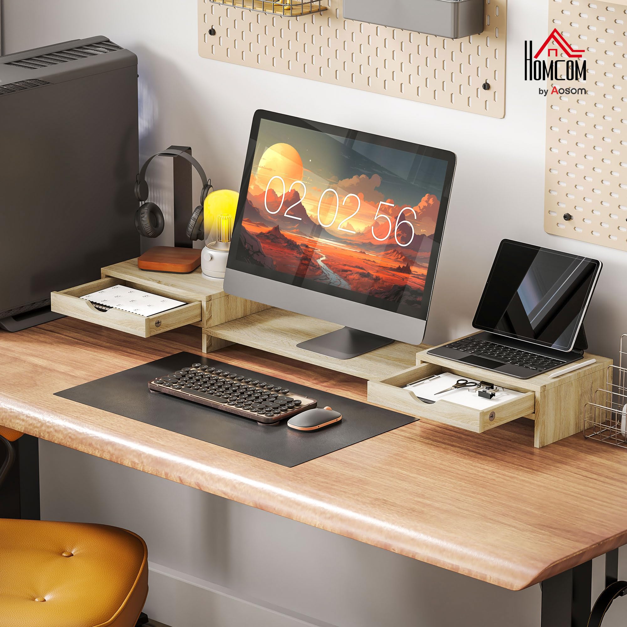 HOMCOM Rehausseur écran PC bureau support moniteur 60-116 cm 2 tiroirs réglable chêne
