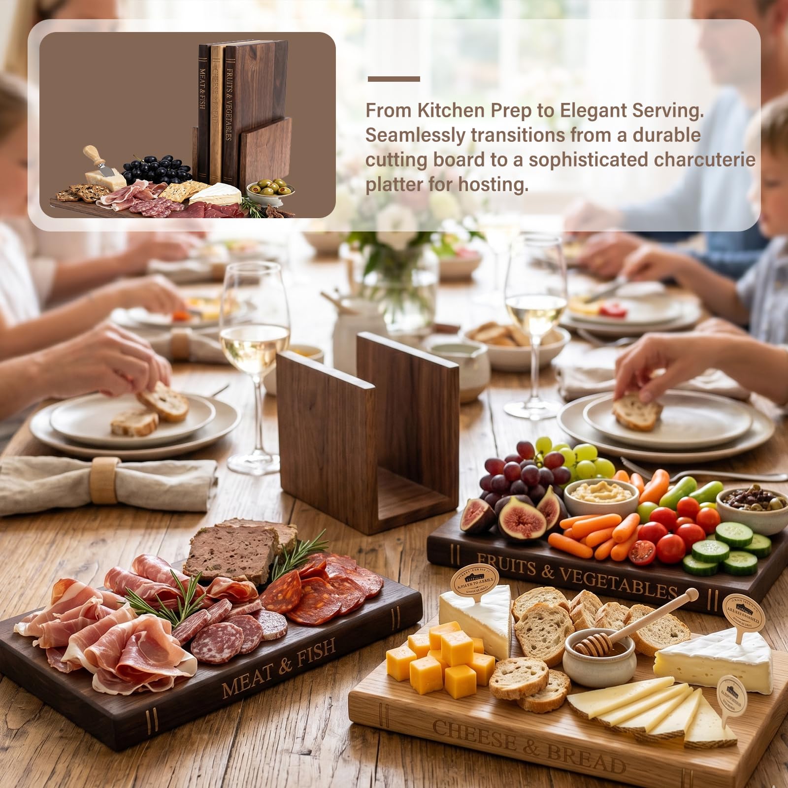 Schneidebrett, das aussieht wie Bücher, 3er Set Holz Schneidebretter mit Ständer, dekoratives Buchdesign für Käse, Brot, Fleisch & Gemüse
