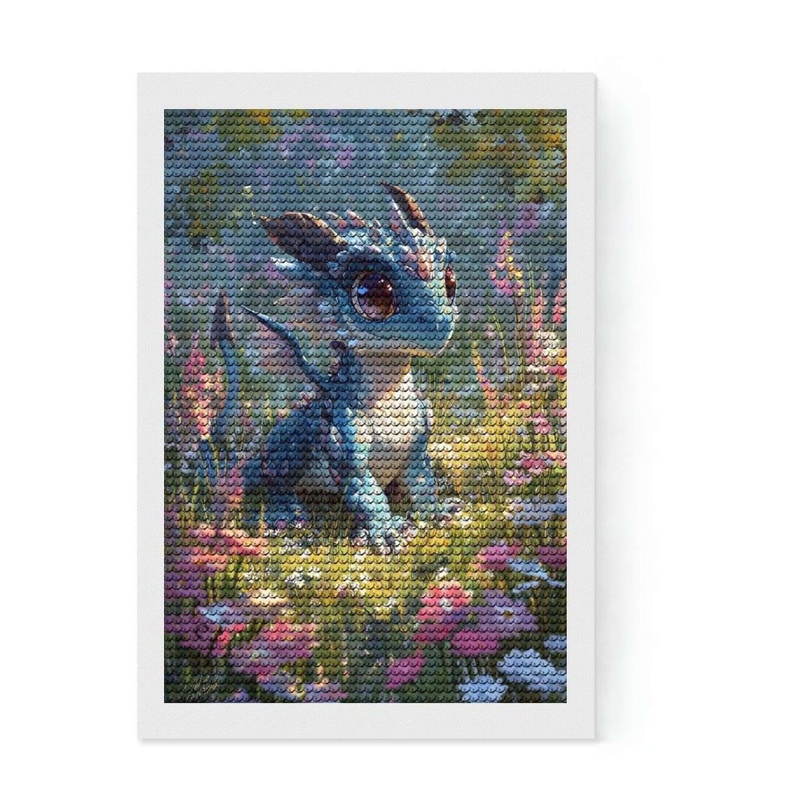 Junmoney Cute Baby Dragon in Flower Field Diamond Painting Kit 8"x12", Mindful Craft Activity, Neat Printed Canvas, Modern Decor, Gift Idea, Adhesive Canvas
