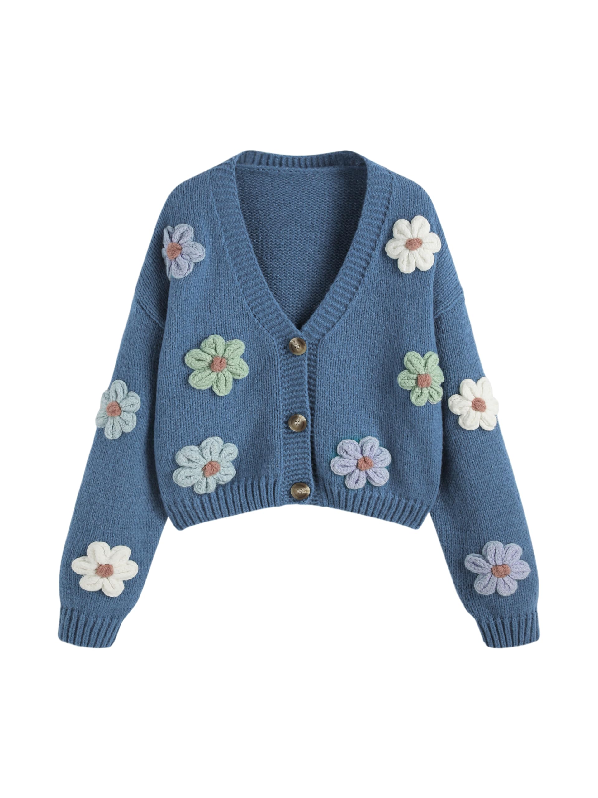 CIDER Womens Floral Cropped Cardigan Cute Flower V Neck Button Down Trendy Sweater