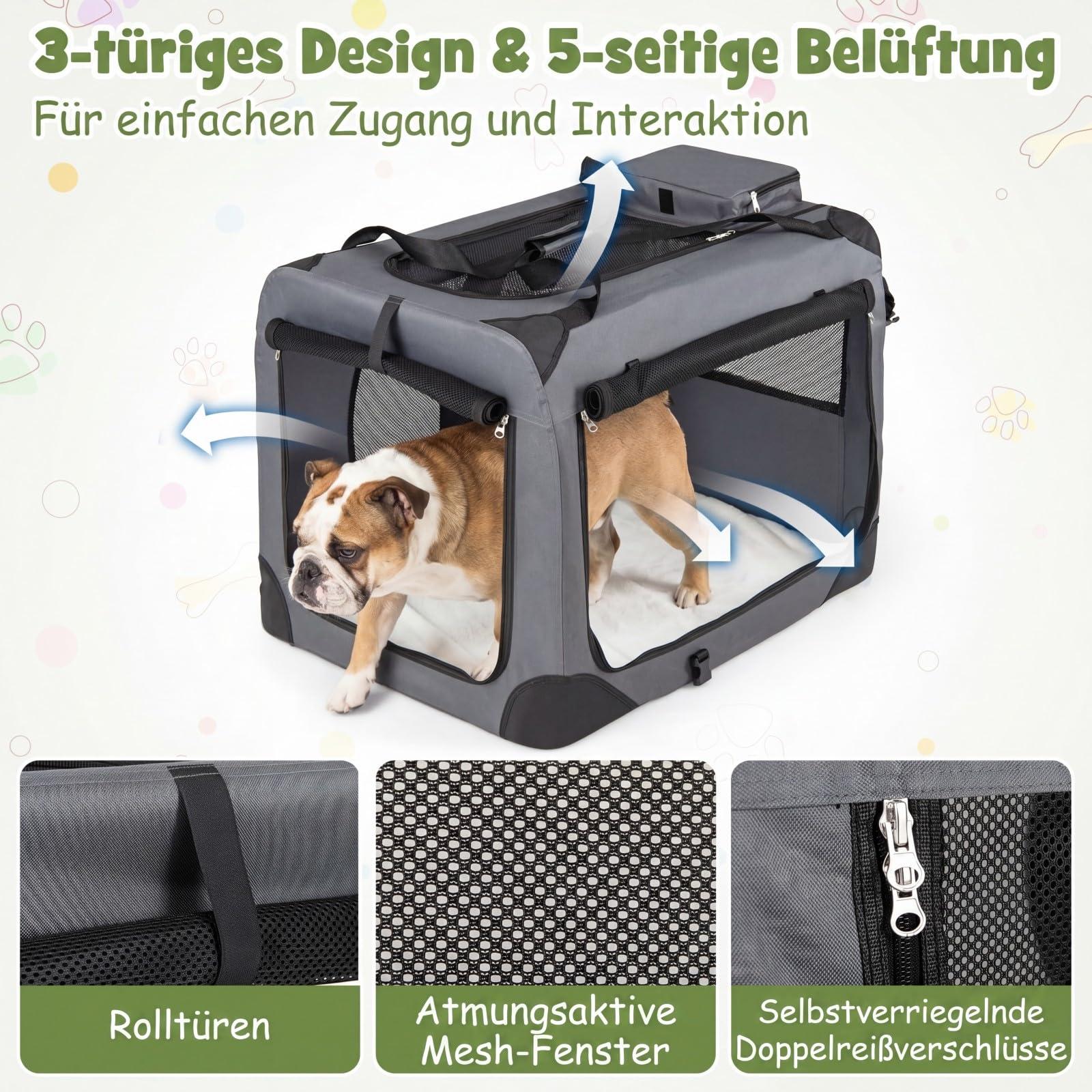 COSTWAY Hundebox Auto, Transportbox Hund faltbar (L-83,5 x 58 x 58 cm,Grau) | Hundetransportbox mit Griffen, 2 Taschen & abnehmbarem Pad, atmungsaktiv und tragbar, Katzenbox aus Oxford & Metallrahmen