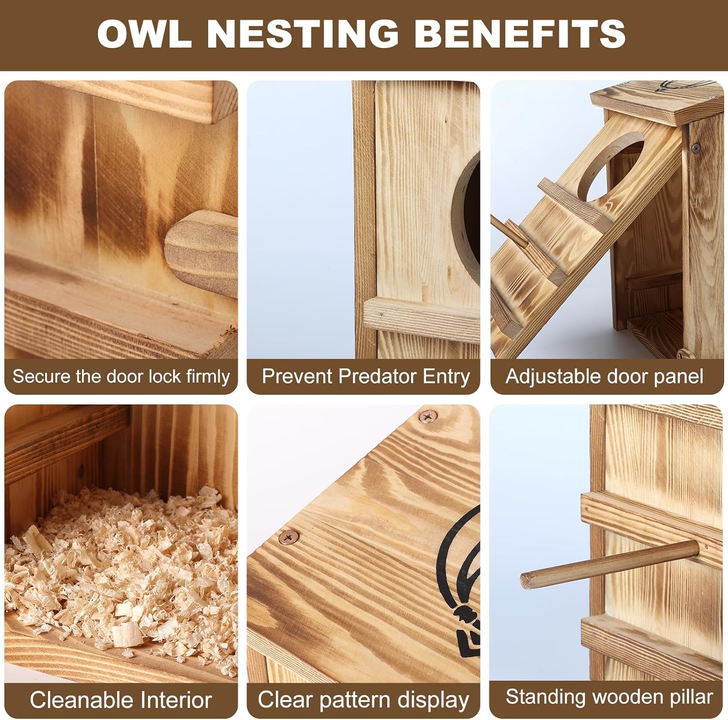 Owl House for Outdoors, Solid Pine Wood Barn & Screech & Barred Owl Nesting Box, Waterproof Anti-Predator Large Owl Boxes for Outside, Multi-Bird Friendly Bird House for Backyard 14.5×9×7.5 Inch