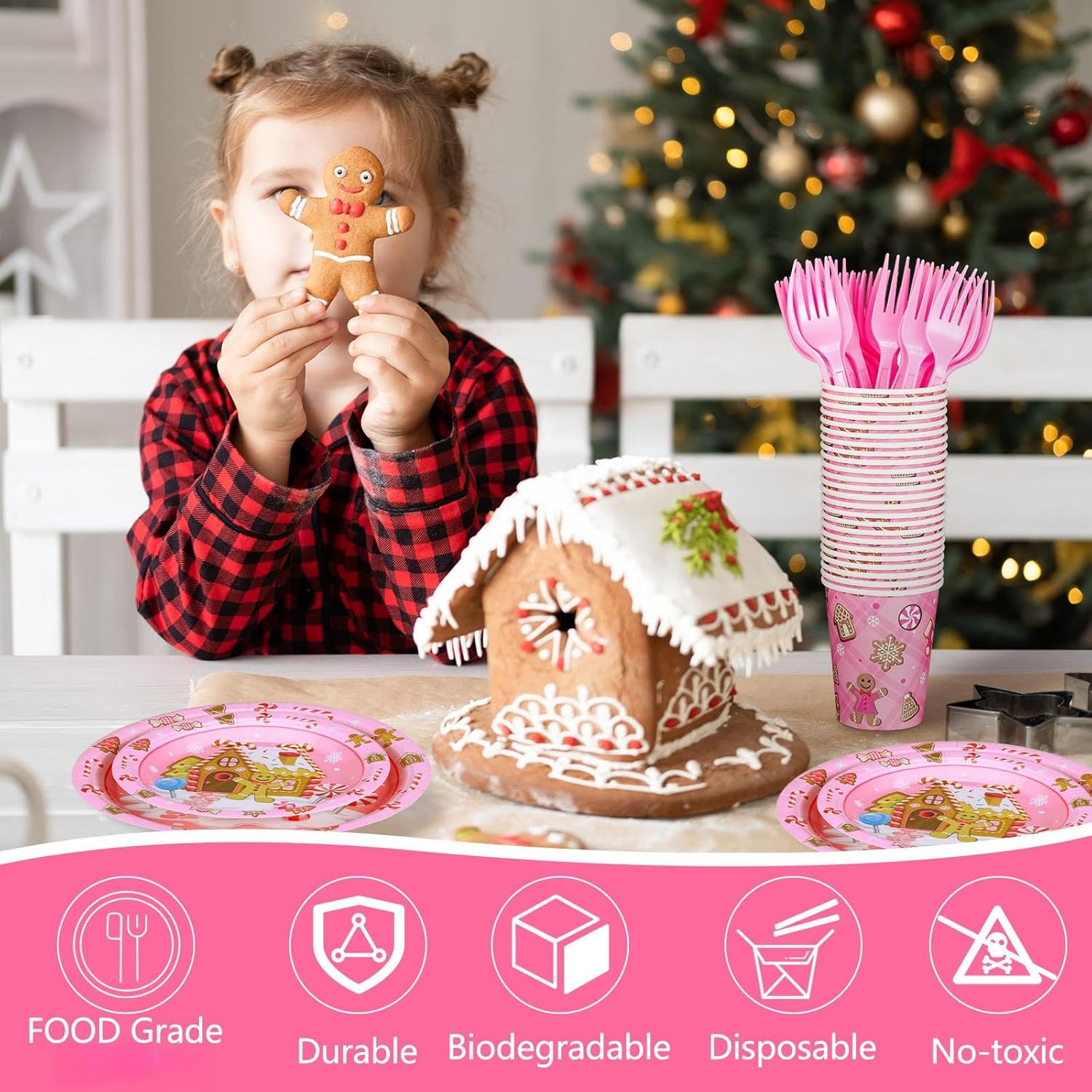 Zubebe 120 Pcs Pink Christmas Gingerbread Man Party Supplies Decorations Disposable Tableware Paper Plates Napkin Cups Dinnerware for Gingerbread House Candy Birthday Decorations, Serves 24 Guests