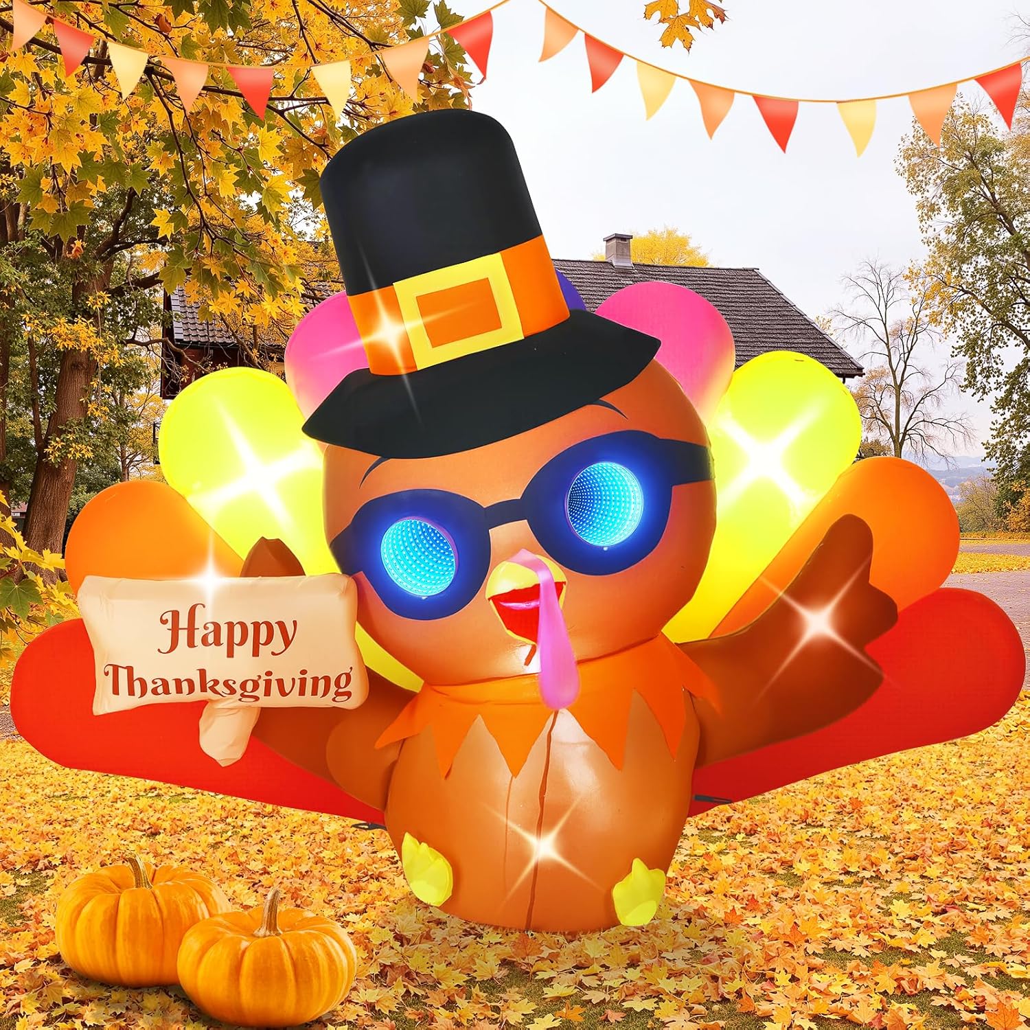 Elegear 6FT Thanksgiving Inflatables Funny Turkey with 3D Color-Changing Tunnel Lights, Blow Up Turkey with Pilgrim Hat & Colorful Tail, Fall Inflatables Outdoor Decorations for Yard Lawn Porch Party