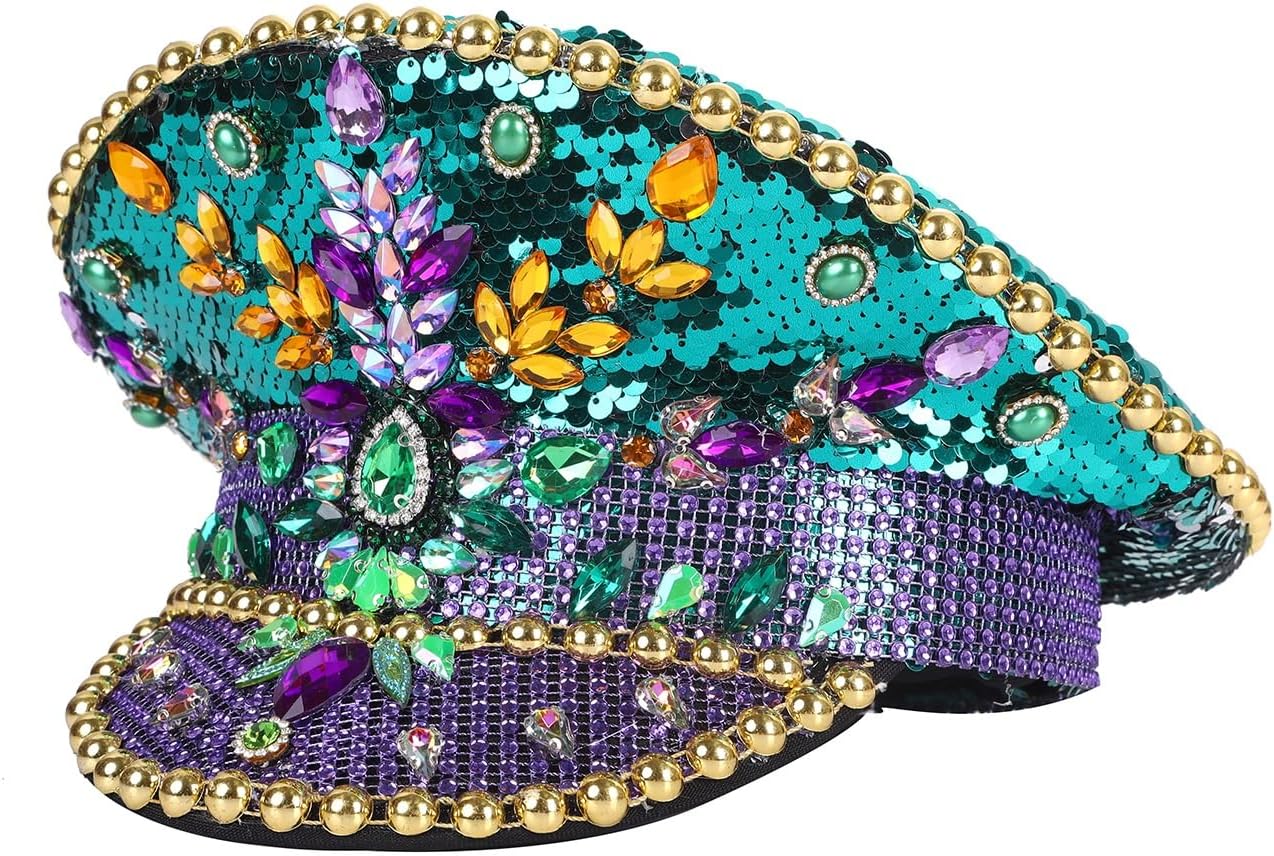 Purple Gold and Green New Orleans Mardi Gras Hat St Patricks Sequin Captain Hat Carnival Parade Costume(Green)