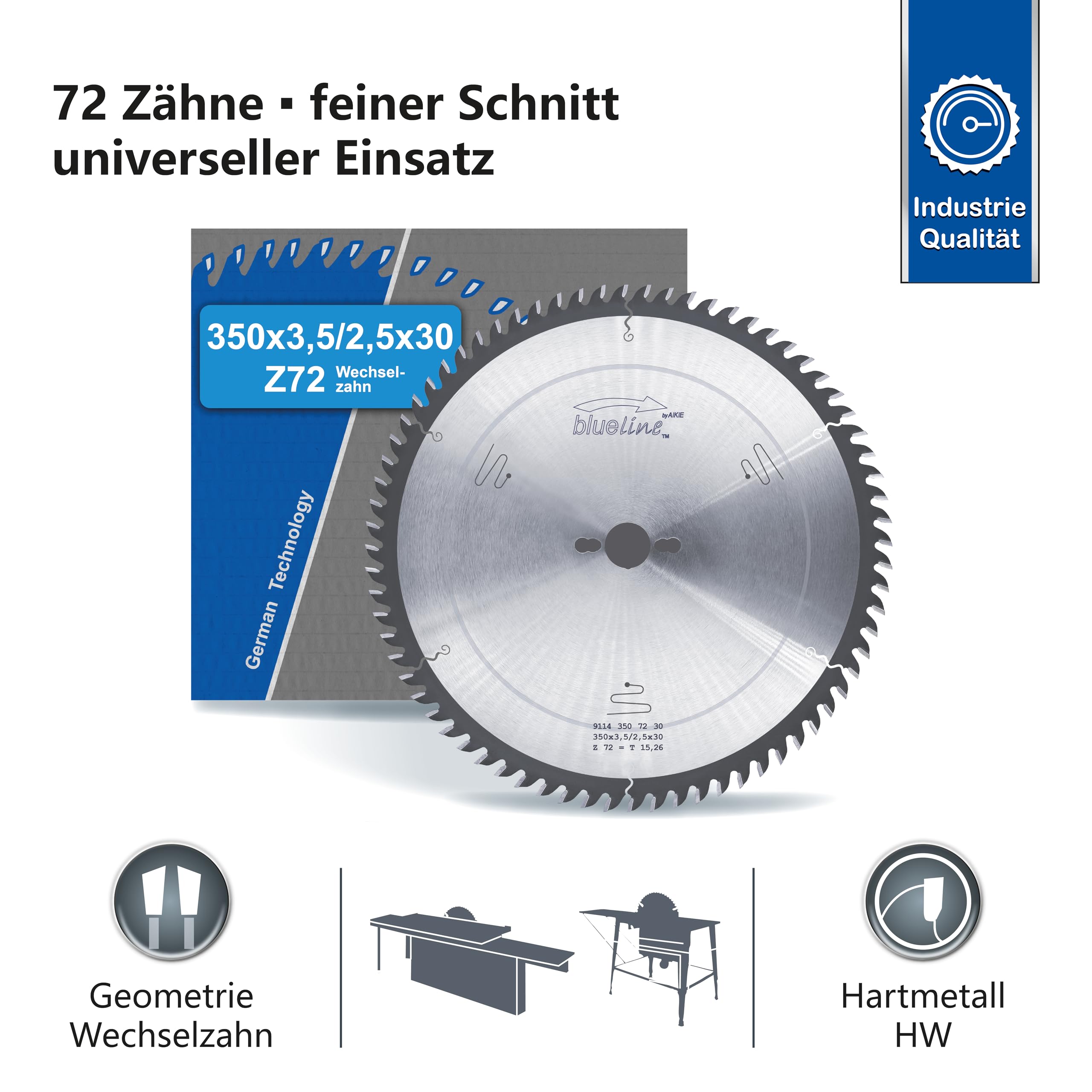 AKE blueline Kreissägeblatt | 350x30 Z72 Wechselzahn, Hartmetall | feiner Schnitt | für Holz, Holzwerkstoff, Holzwerkstoff beschichtet | auf Formatkreissäge, Tischkreissäge