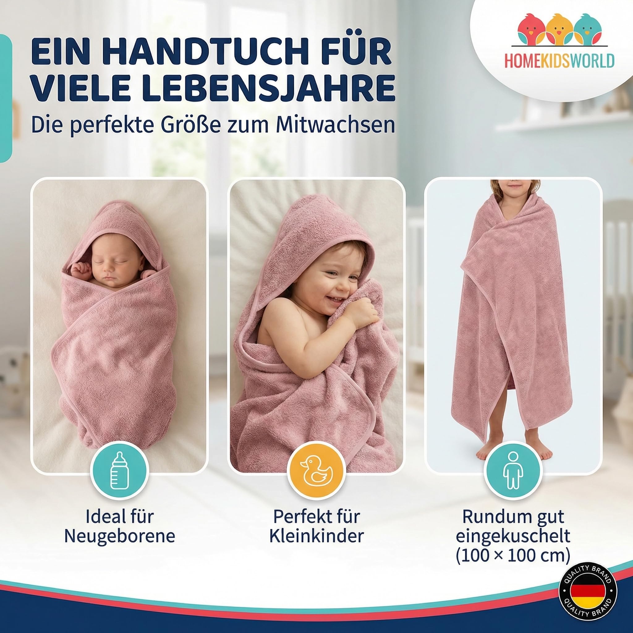 Kapuzenhandtuch Baby 100x100 cm (Rose) – Weiches & saugstarkes Badetuch mit Kapuze – Kuscheliges Handtuch für Babys & Kinder inkl. Geschenkbox