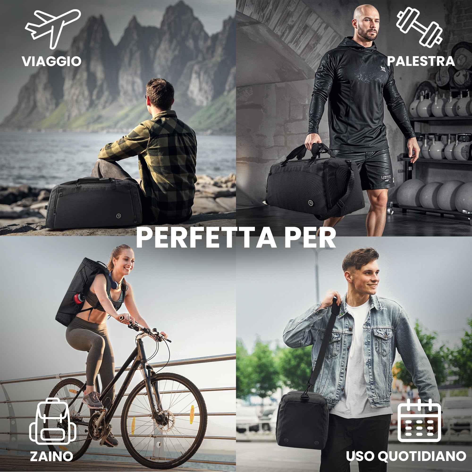 bemaxx Borsone Palestra Uomo Donna Borsa da Viaggio con Scomparto Scarpe e Bagnato | 40/60L con Funzione Zaino, 30/50L Borsa Sportiva da Allenamento Nuoto Fitness Gym Training Sacca Bagaglio a Mano