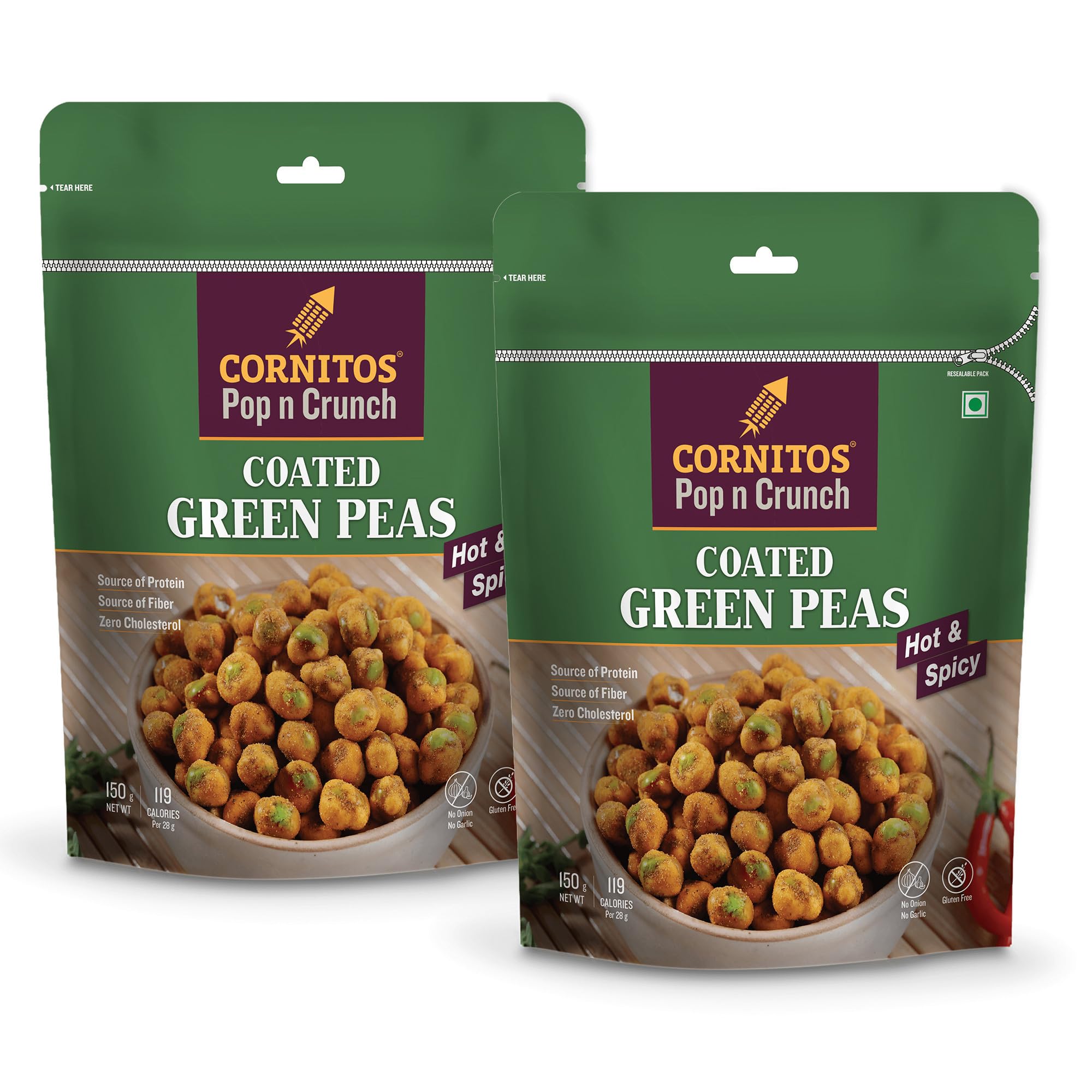 CORNITOS Coated Green Peas Hot & Spicy | Pack of 2 (150g Each)