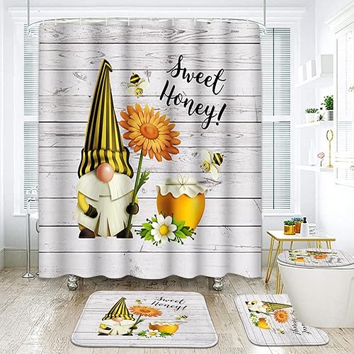 Subwest Juego de 4 cortinas de ducha con diseño de gnomo, lindo tarro de flores de elfo enano, abeja, rústico, tablero a rayas de madera blanca con