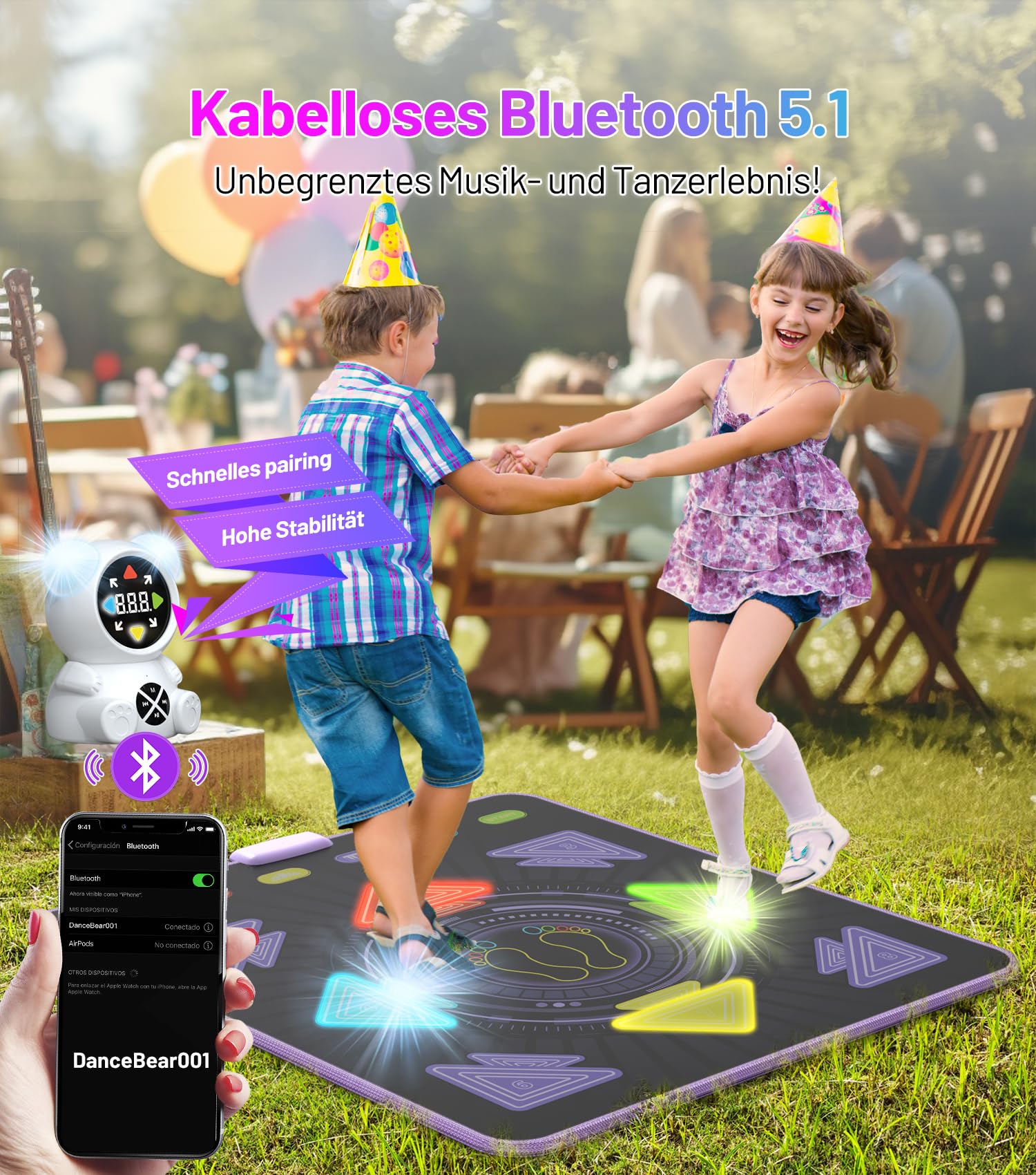FWFX Tanzmatte Spielzeug für Mädchen Jungen: Geburtstagsgeschenke für Kinder im Alter von 3–12 Jahren, Wiederaufladbares Kindertanzmatten, Leuchtende Musikmatte mit Kabellosem Bluetooth-Musikplayer