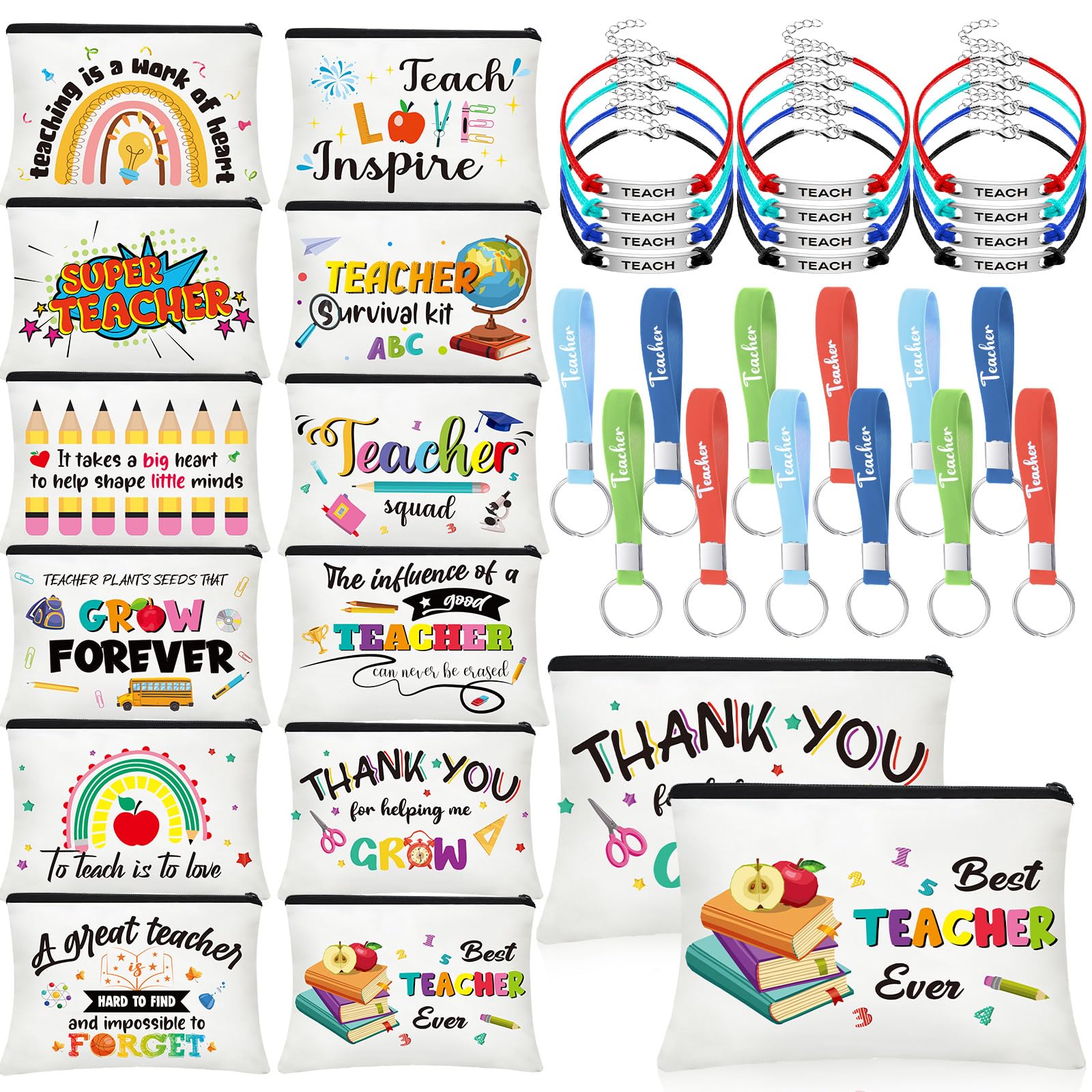 Sadnyy 36 Pieces Teacher Appreciation Gifts Set 12 Makeup Bag 12 Silicone Keychain 12 Blessing Card Bracelet Teacher's Day Gift Teacher Makeup Pouch