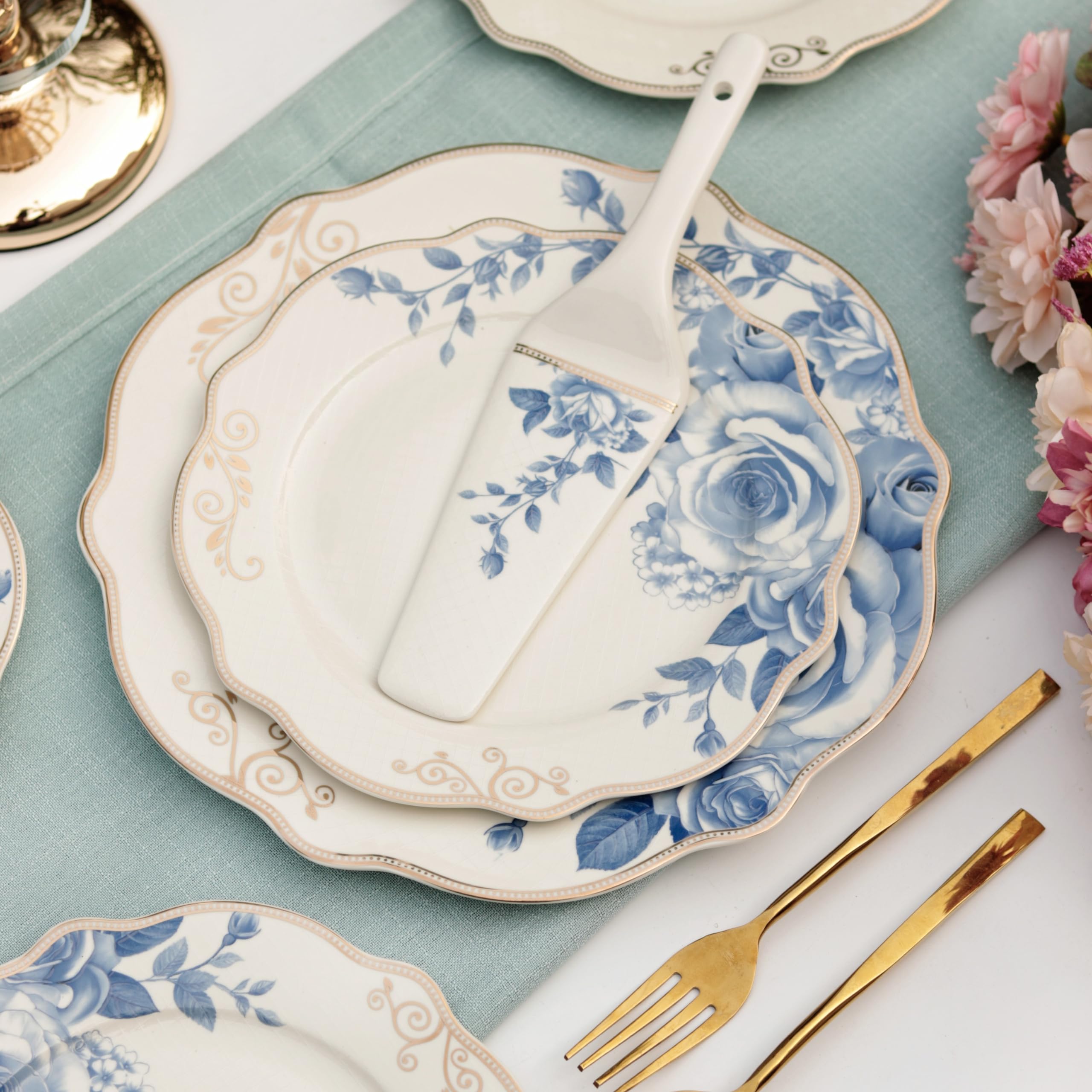 Azure Gold Snack Set (1 Serving Plate, 6 Quarter Plates, 1 Server) | Finest Premium Porcelain | Luxury Floral Tableware