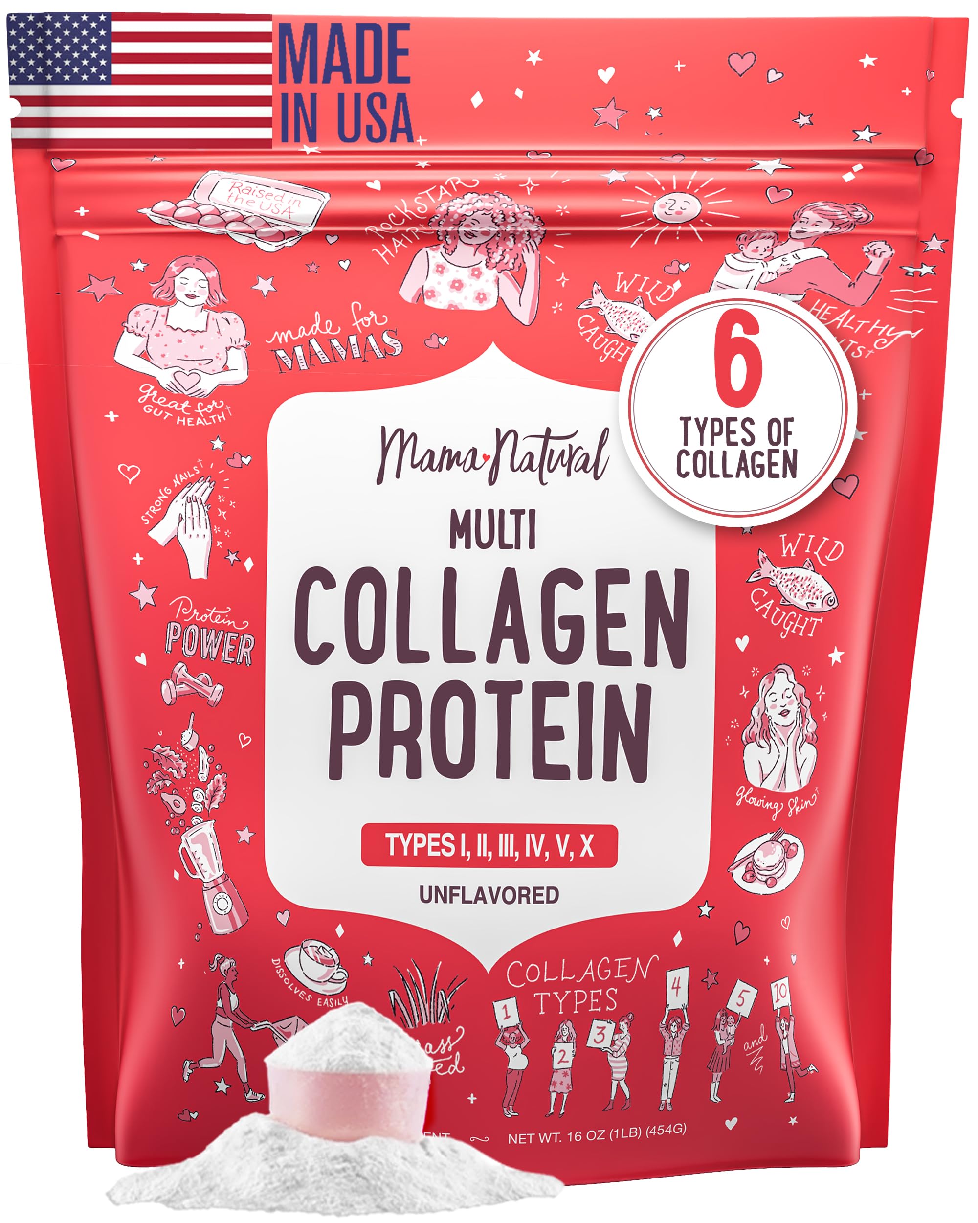 Multi Collagen Protein Powder Type I II III IV V X - Unflavored & Hydrolyzed 16Oz Pure Collagen Peptides Powder - Grass Fed Beef, Wild Fish Marine & USA Eggshell - Whole Body Collagen