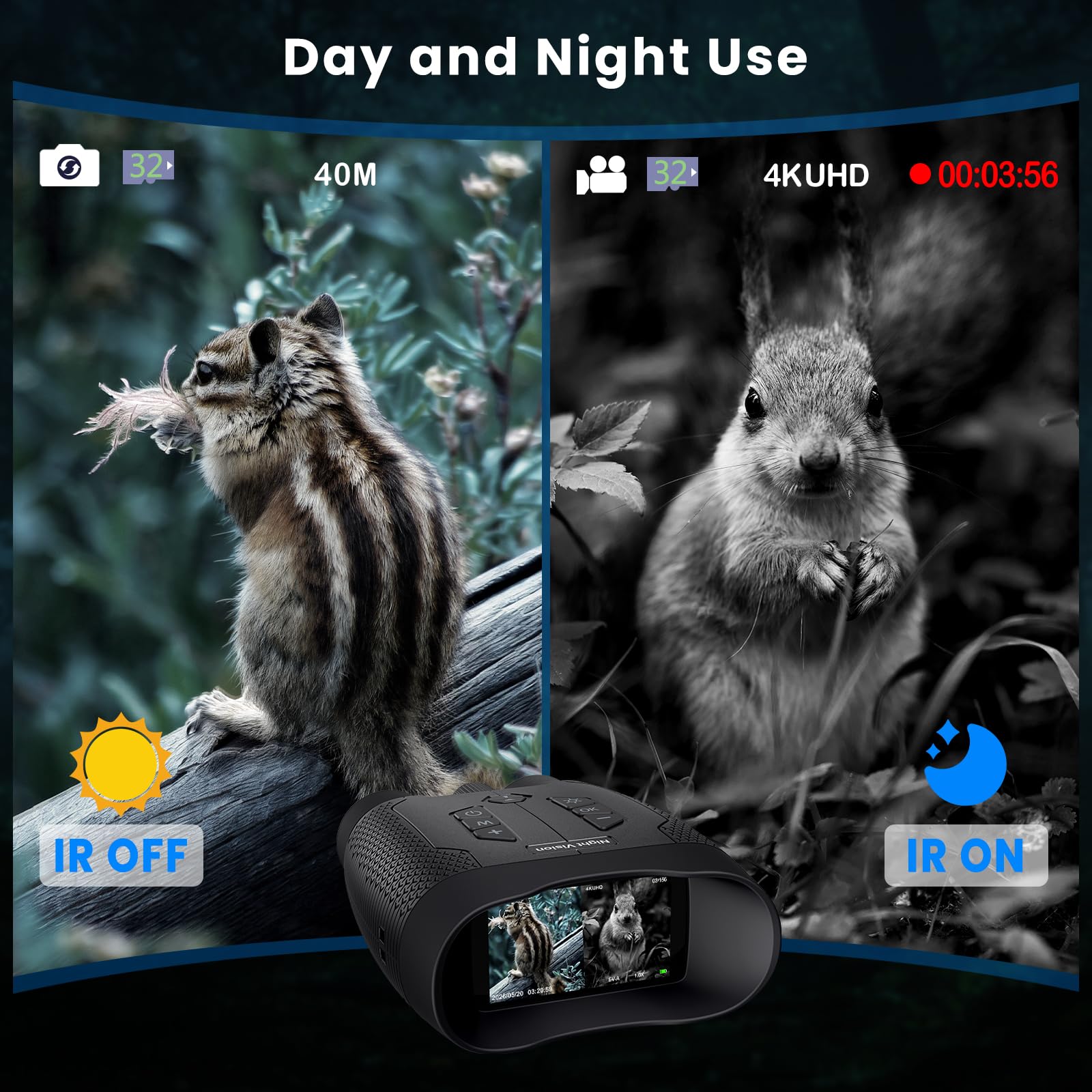 Binocolo Visione Notturna 4K, binocolo a infrarossi, da 40 MP | Batteria da 5000mAh, Zoom Digitale 8X, portata di 500M e Scheda da 32GB per Caccia, Campeggio Sicurezza e Attività all'aperto