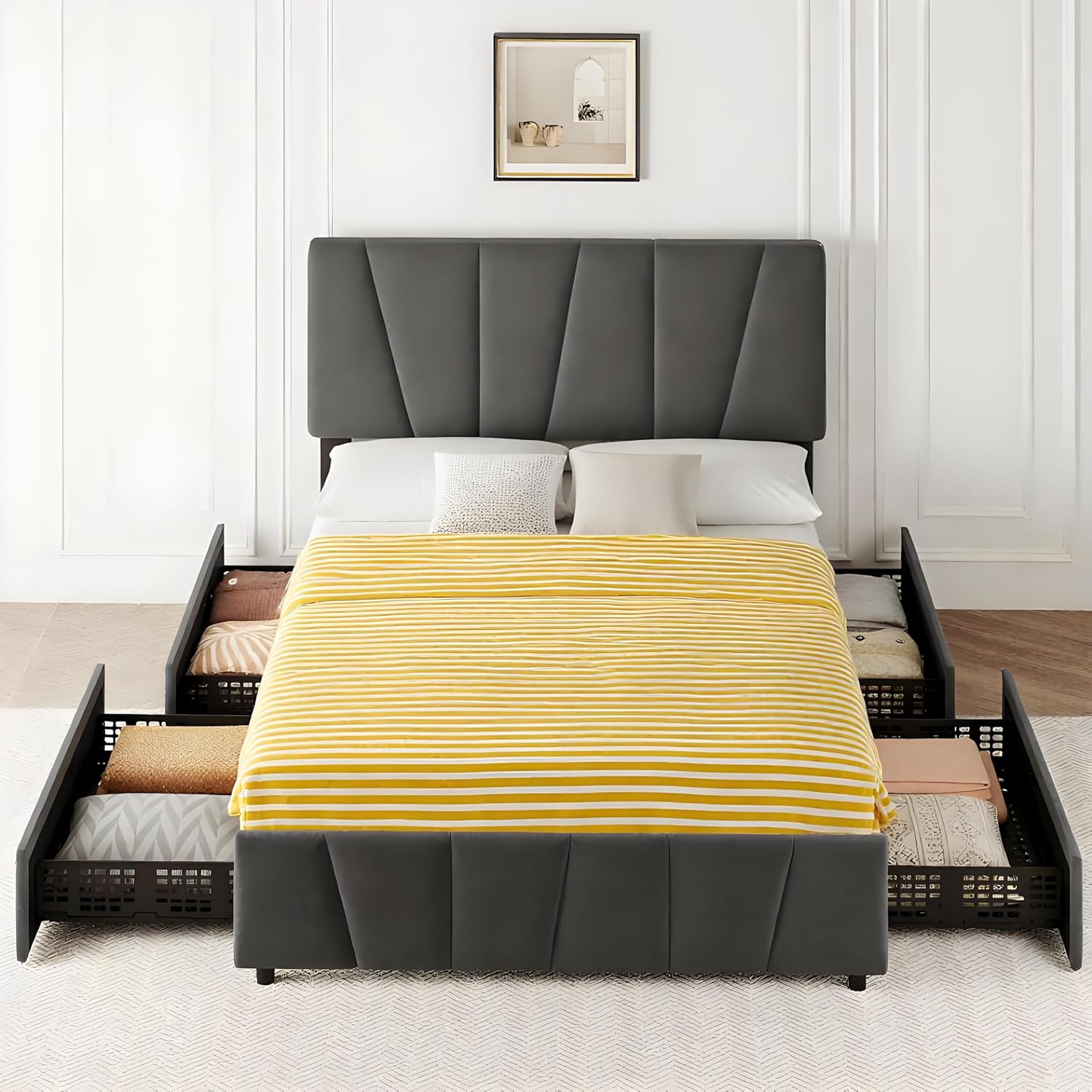 IDEALHOUSE Full Size Bed Frame with Adjustable Headboard and 4 Storage Drawers, Soft Upholstered Platform Bed Frames with Wooden Slats Support, No Box Spring Needed, Dark Grey