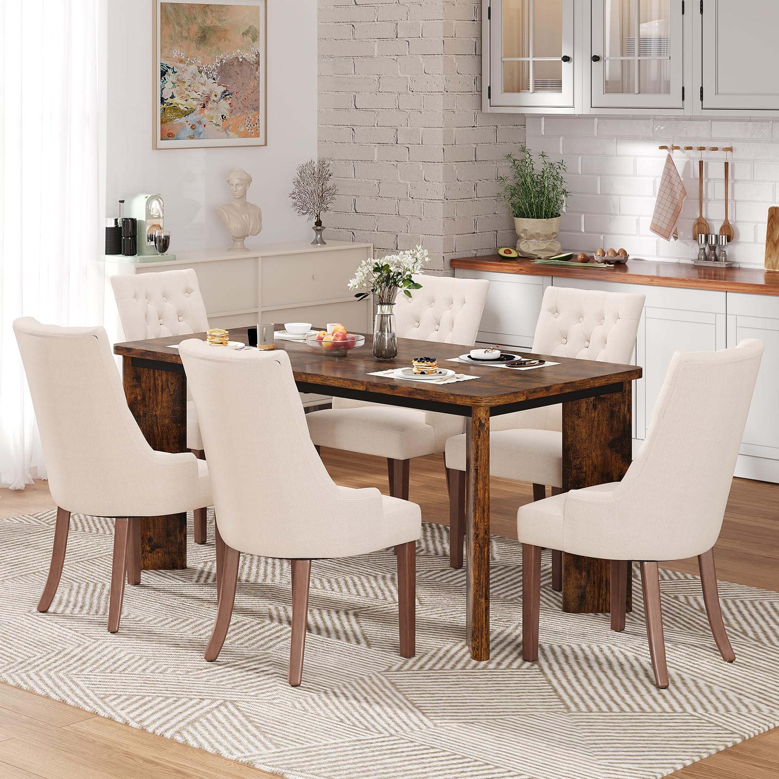 MALOL 7-Piece Rectangular Dining Table Set for 6, 63" Industrial Kitchen Table with 6 Tufted Parsons Dinner Chairs for Dining Room, Kitchen, Living Room, Brown+Beige