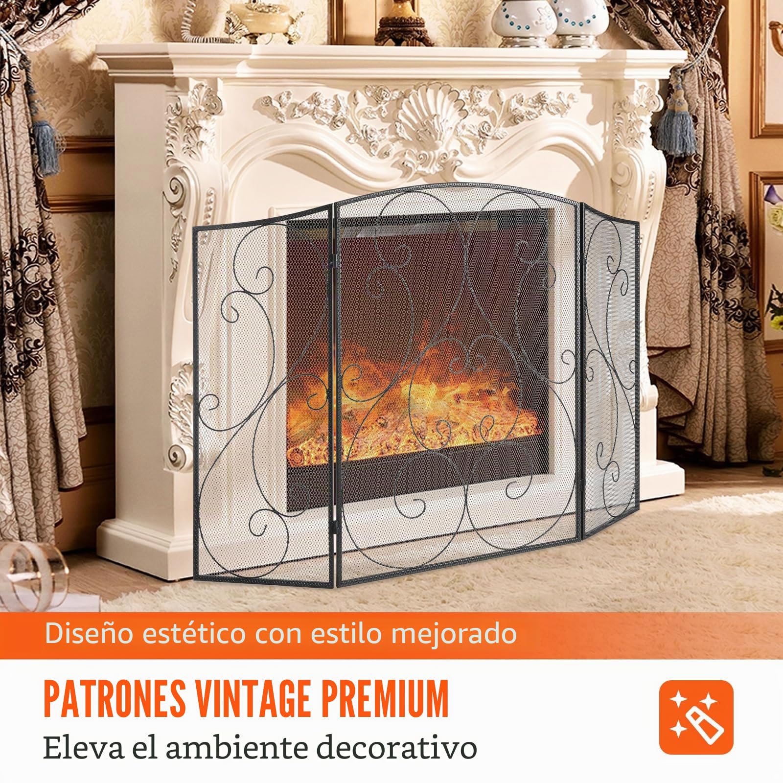 VEVOR Pantalla para Chimenea 3 Paneles Salvachispas para Chimenea de Hierro 121,9x76,7 cm Protector Chimenea Independiente, No Requiere Ensamblaje para Sala de Estar Decoración del Hogar, Negro