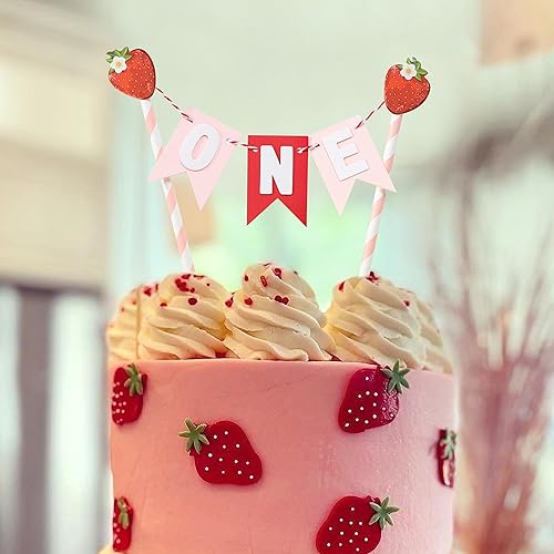 Miniatura 4 de Decoración de pastel de fresa para el primer cumpleaños para niña, decoración de fiesta de primer cumpleaños, dulce cumpleaños de fresa, dulce