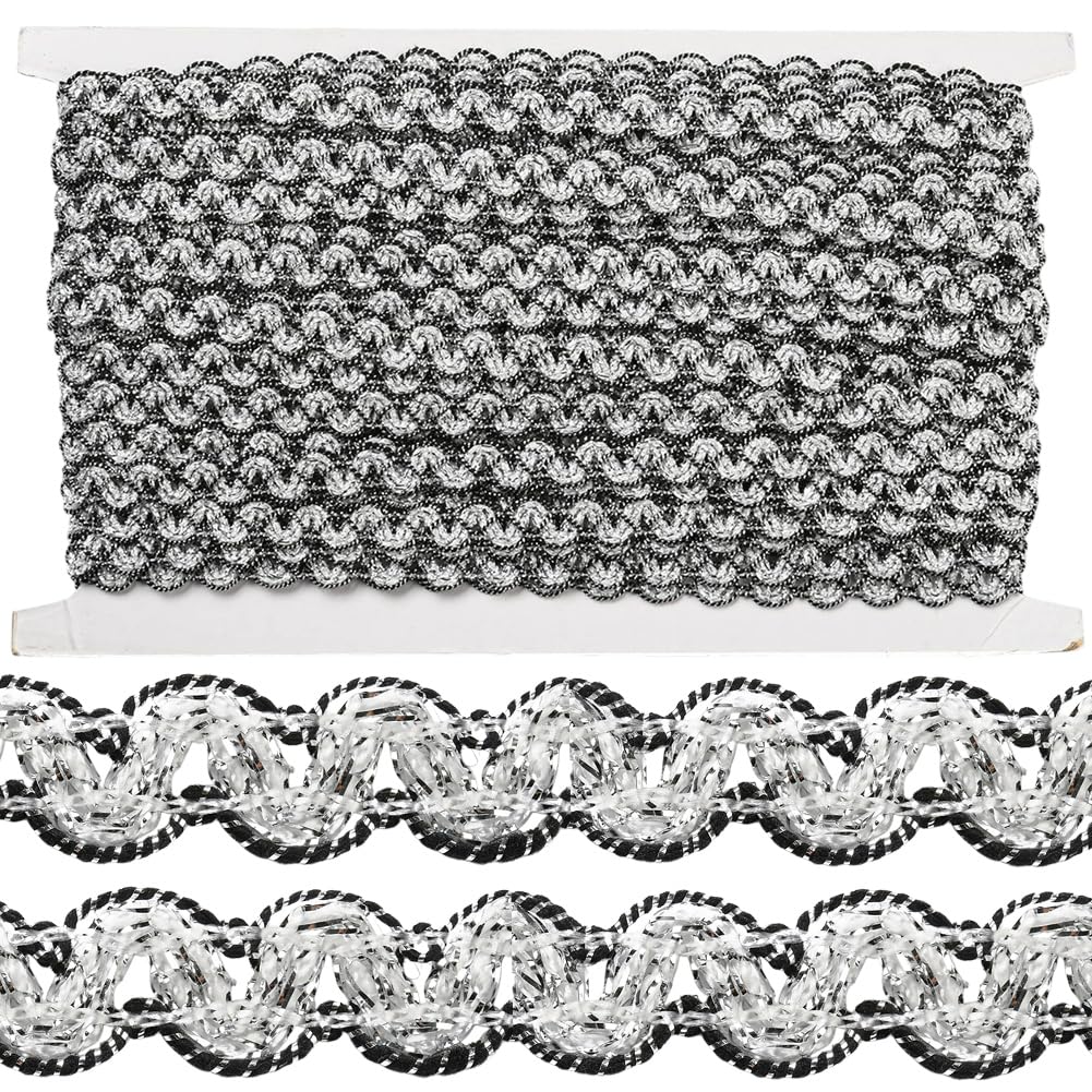 20M 12mm Nero Argento Nastro di Rifinitura Intrecciato Tessuto Decorativo Metallico Tappezzeria Passamanerie Intrecciato In Poliestere Pizzo per Gioielli Creazione Cucito Tende Borse Artigia