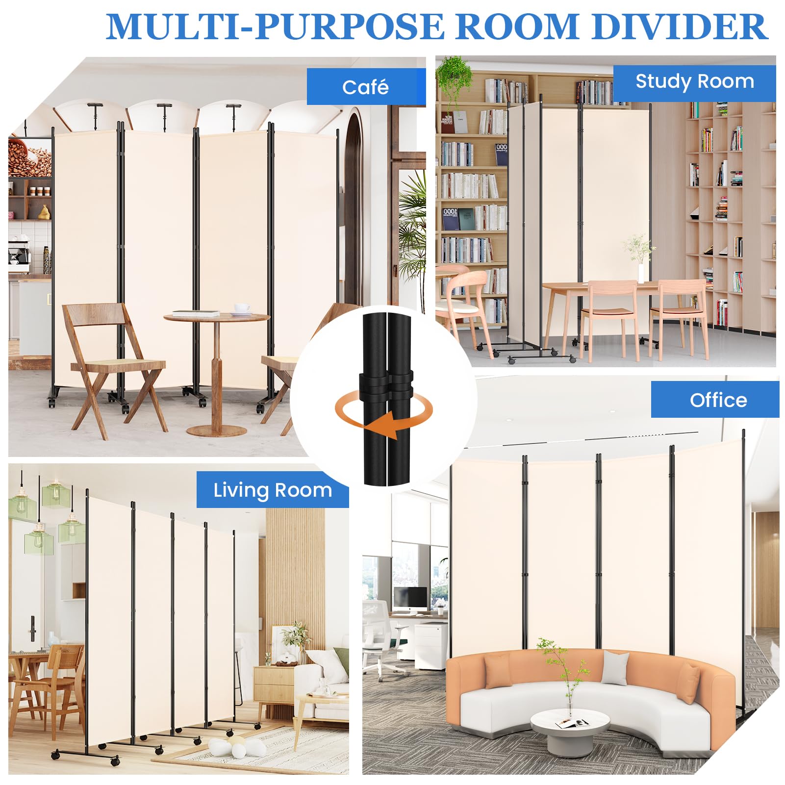 WELDUN Paravent de pièce à roulettes - 4 pièces - 223,5 x 183 cm - Brise-Vue Pliable - Cloison de séparation Amovible - Blanc