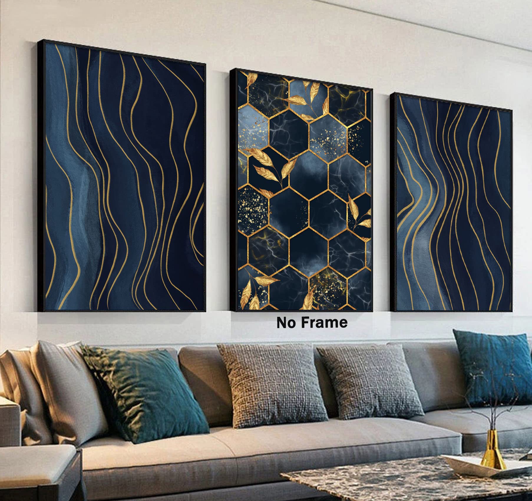 Abstract Blue and Gold Canvas Wall Art Abstract Line Painting Gold Leaf ...