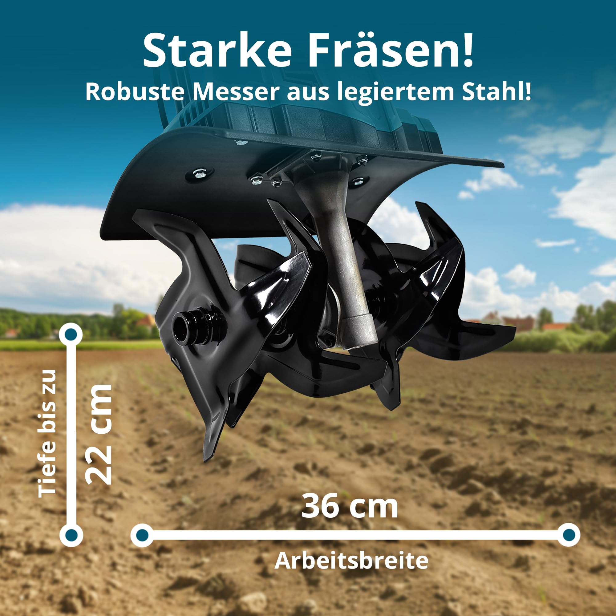 Könner & Söhnen KS 1000T E Elektro-Bodenhacke, Stake Metallfräsen, 36 cm Arbeitsbreite, bis 22 cm Arbeitstiefe, 1000 W, 230 V, 8 kg, Gartenfräse für Hofgrundstücken, Blumen- und Gartenbeeten
