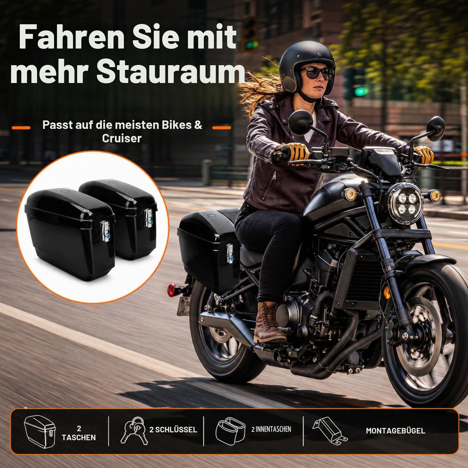 45L Motorrad Seitenkoffer mit Montagesatz, Abschließbare ABS Hartschalen Satteltaschen, Universal Seitentasche für Cruiser Chopper Touring, Wasserabweisende Motorrad Tasche Schwarz