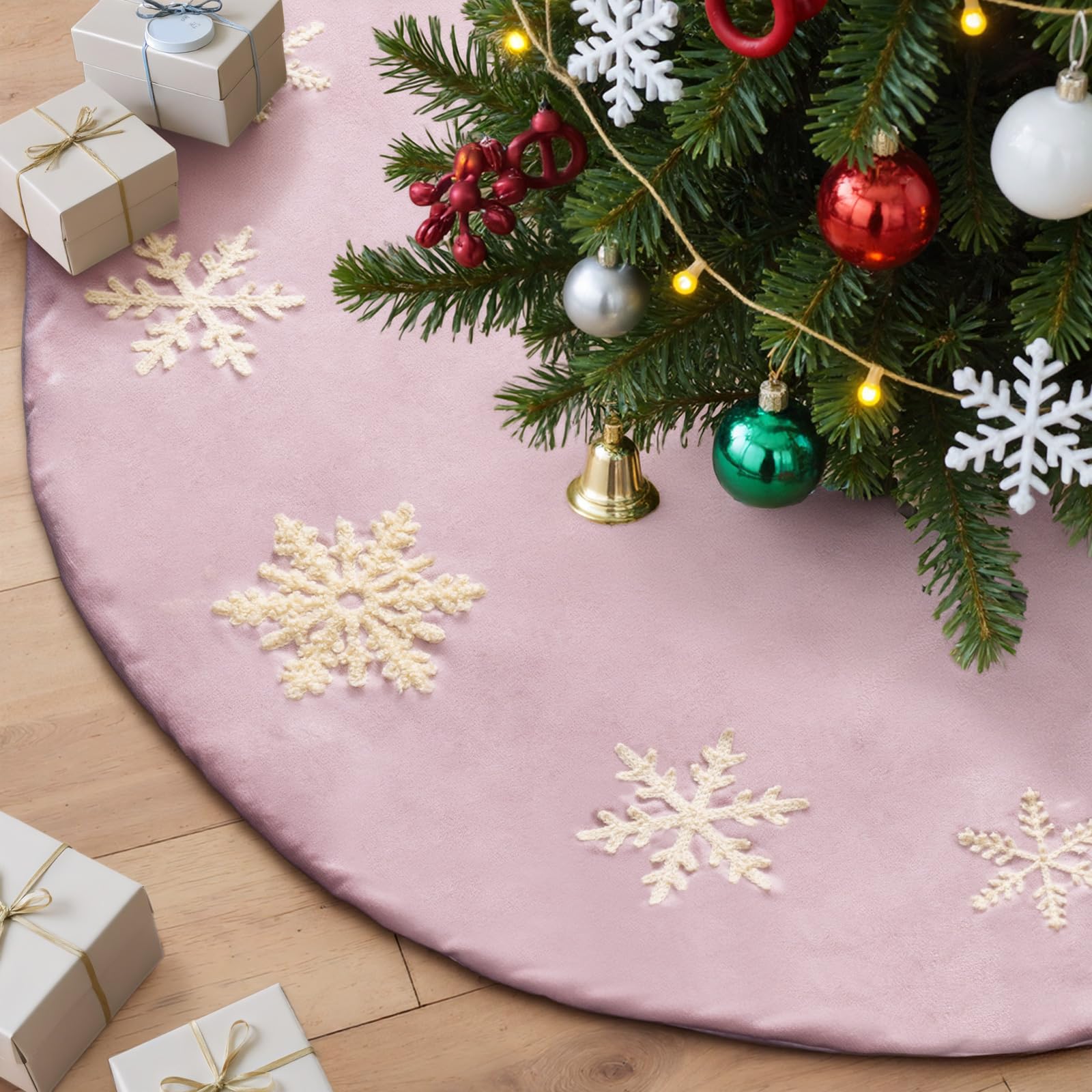 Lanpn 40cm Embroidered Christmas Tree Skirt, Soft Velvet Xmas Tree Stand Base Cover with Embroidery Snowflake for Small mini Slim Pencil Tree Winter Holiday Indoor Xmas Tree Decor (Pink, 16 inch)