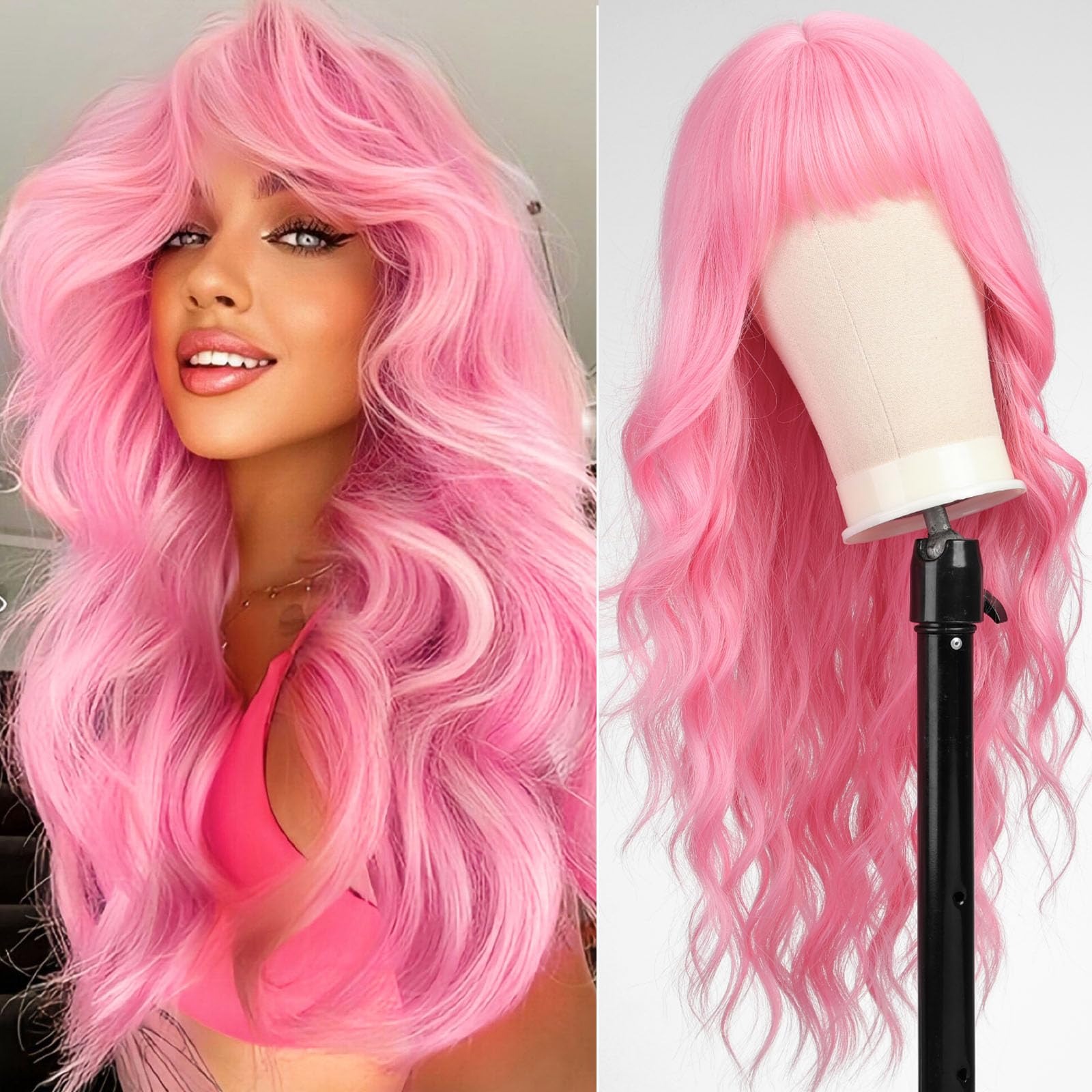 KOME Pink Wig- Long Pink Wavy Wigs for Women,Pastel Pink Wig with Bangs,Natural Curly Synthetic Wig for Party Cosplay Daily Use 26IN